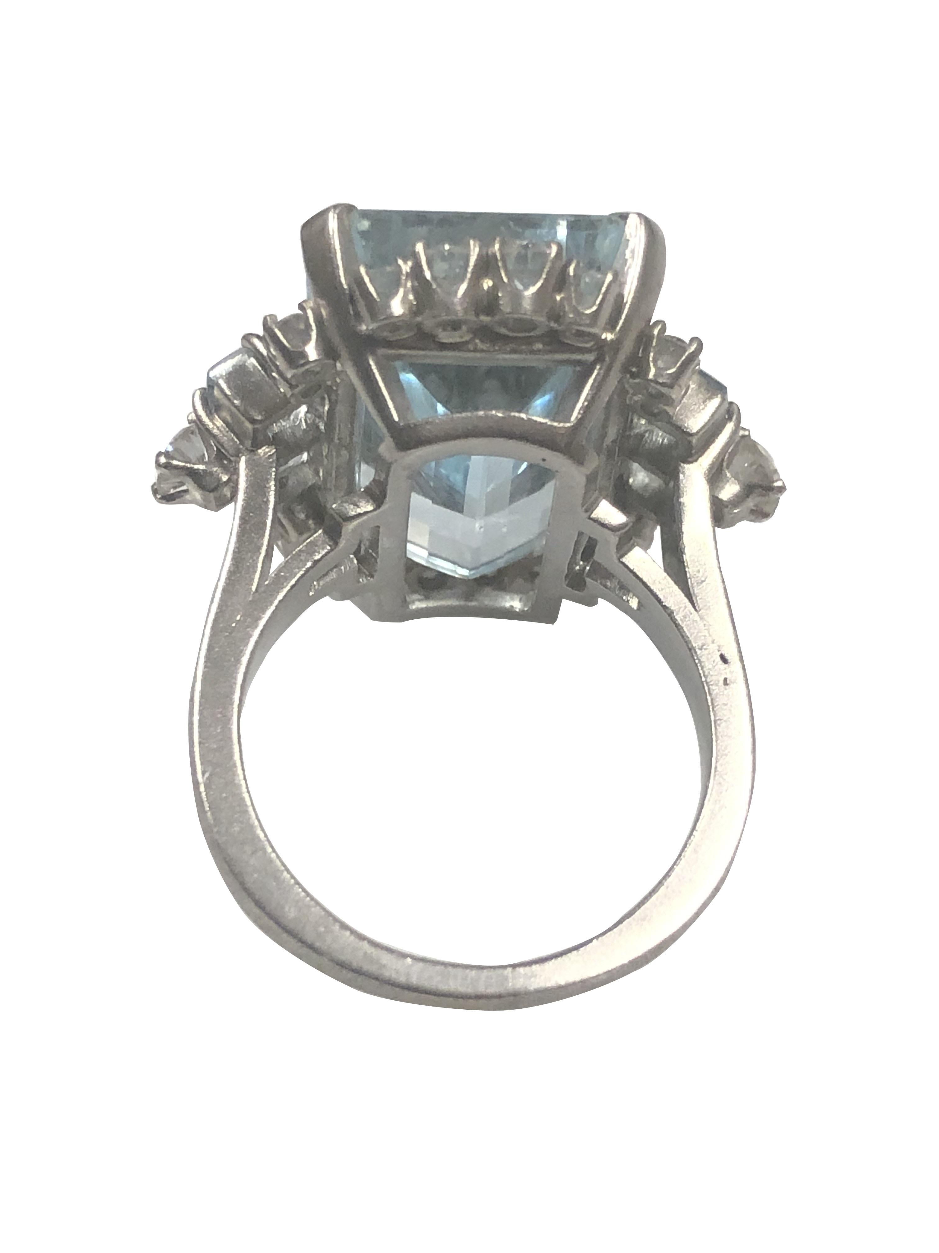 Emerald Cut Art Deco Platinum Aquamarine and Diamond Ring