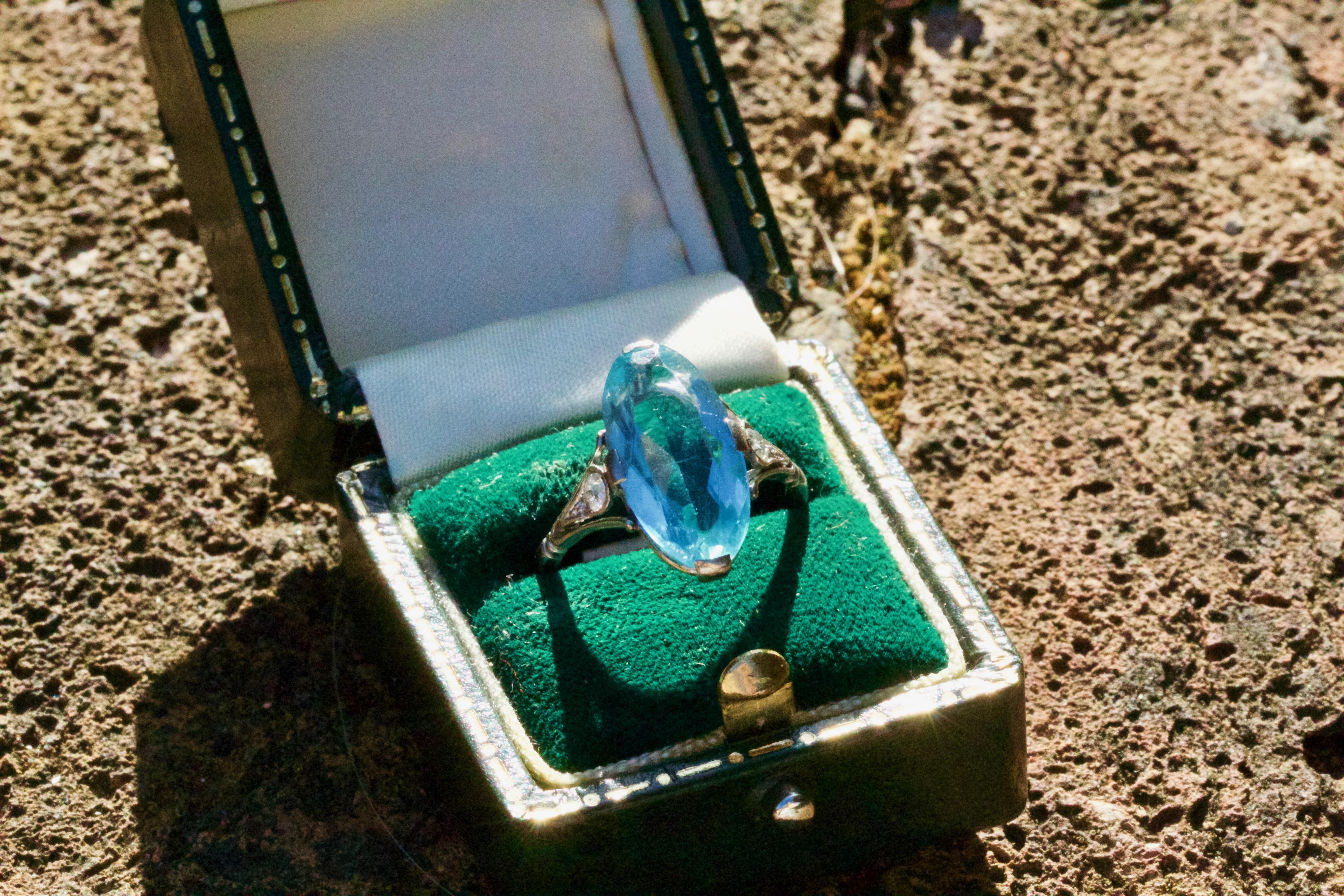 Women's or Men's Art Deco Platinum Aquamarine and Diamond Ring