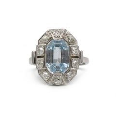 Art Deco Platinum Aquamarine & Old Mine Diamond Cluster Ring