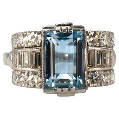 Art Deco Platinum Aquamarine Ring with Baguette and Single Cut Diamonds