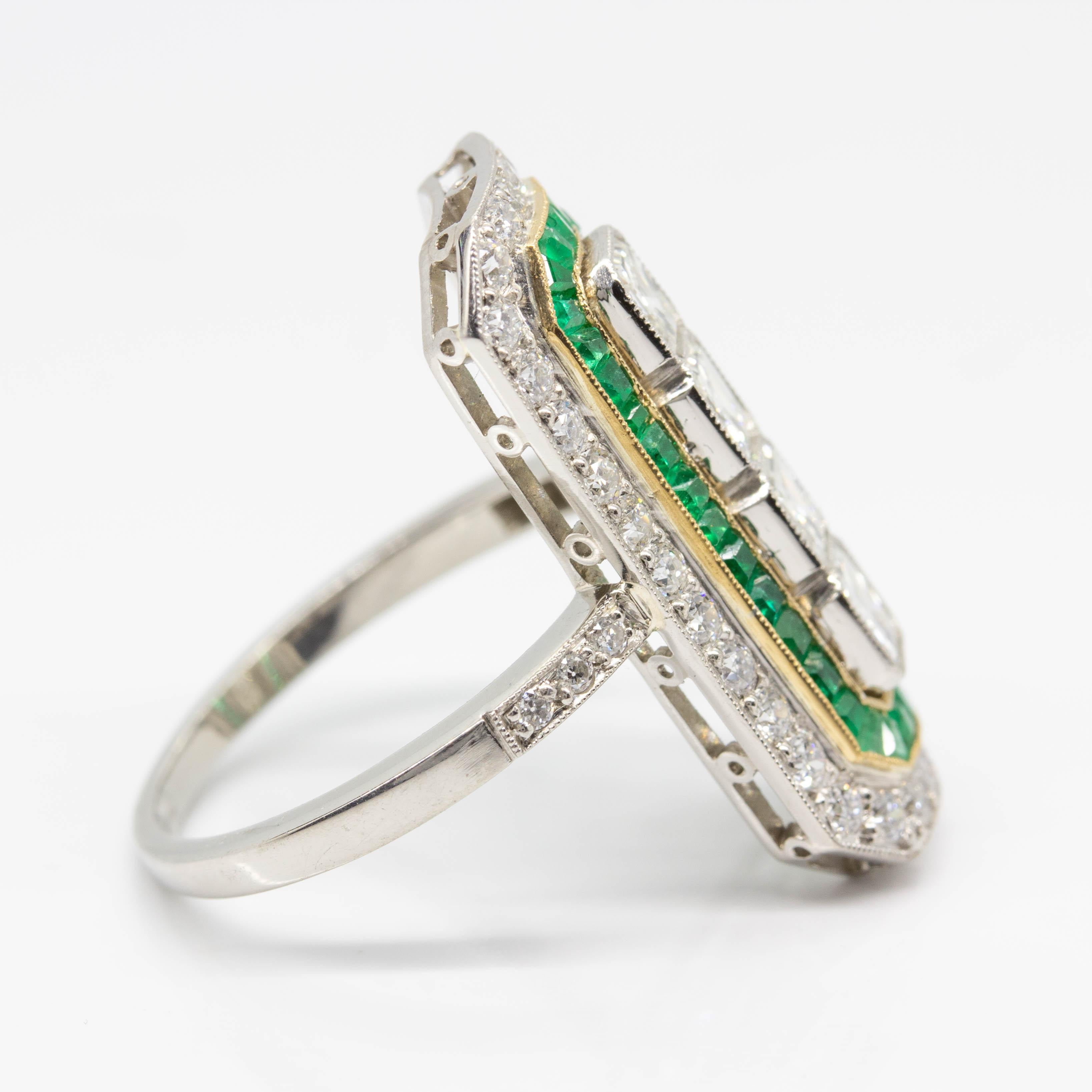 Period: Art deco (1920-1935) 
Composition: Platinum.
•	4 Ascher cut diamonds H-VVS2 1.20ctw.
•	42 old mine cut diamonds H-VVS2 0.90ctw.
•	50 natural calibrated French cut emeralds 1.30ctw.
