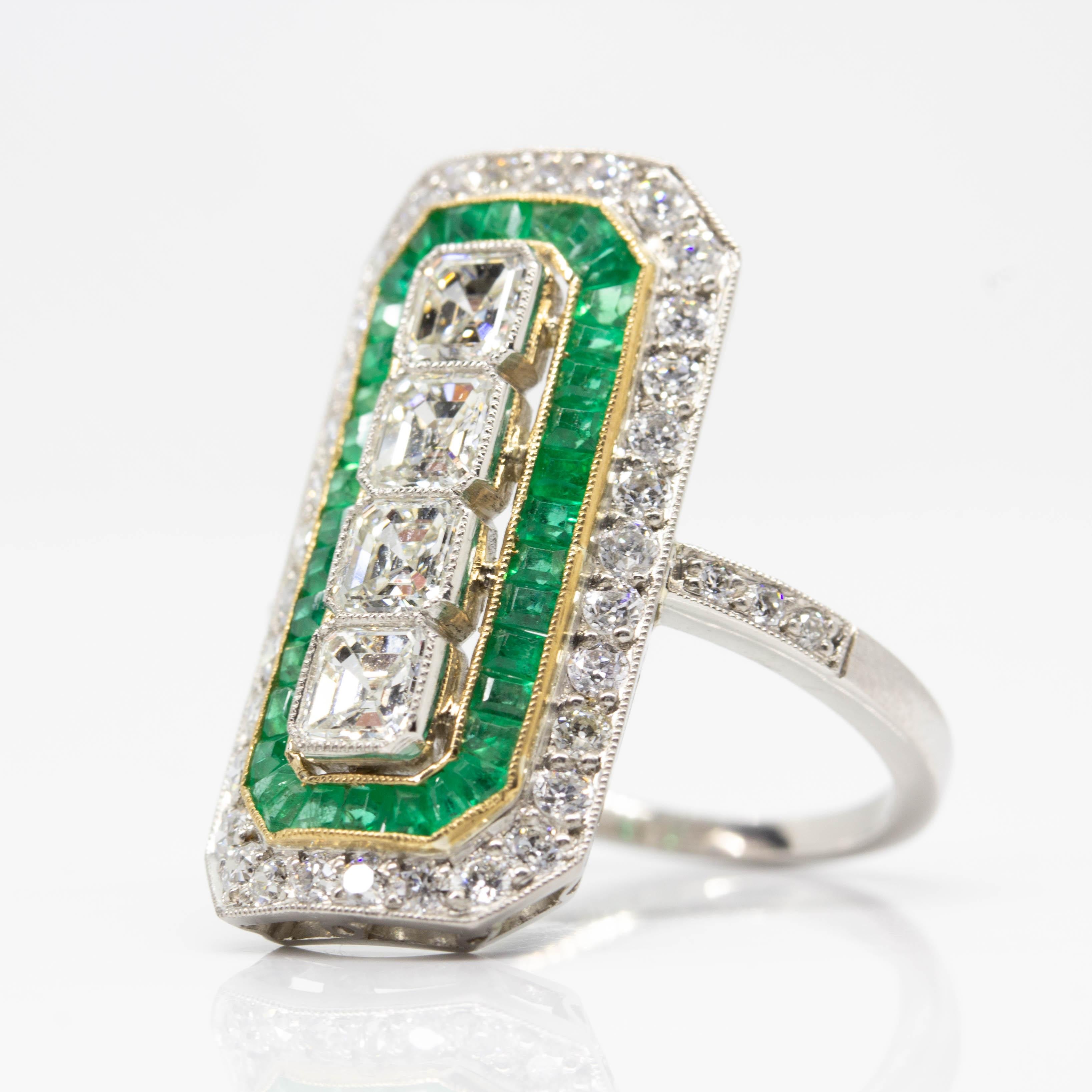 Asscher Cut Art Deco Platinum Ascher Cut Diamond and Emerald Ring