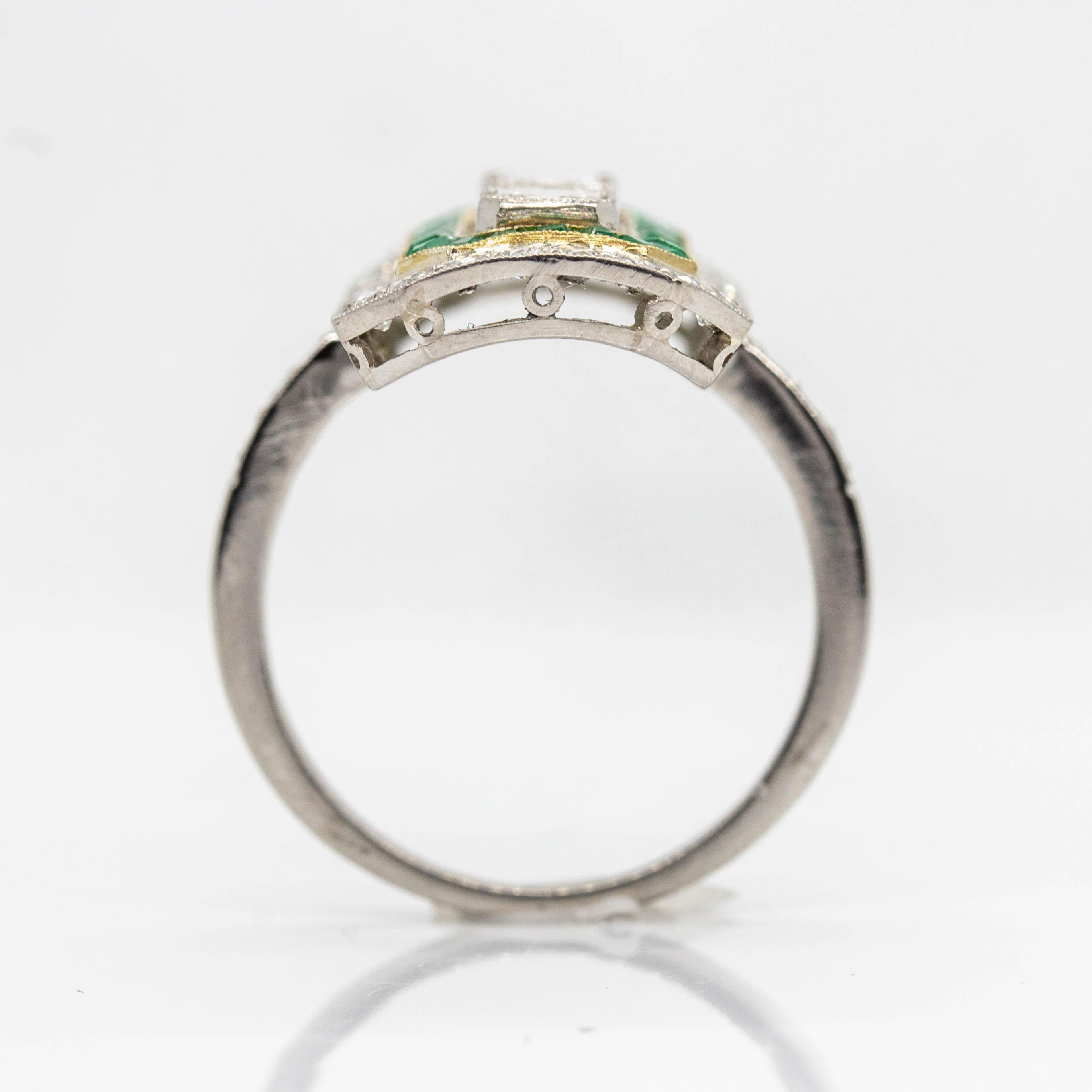 Art Deco Platinum Ascher Cut Diamond and Emerald Ring In Excellent Condition In Miami, FL