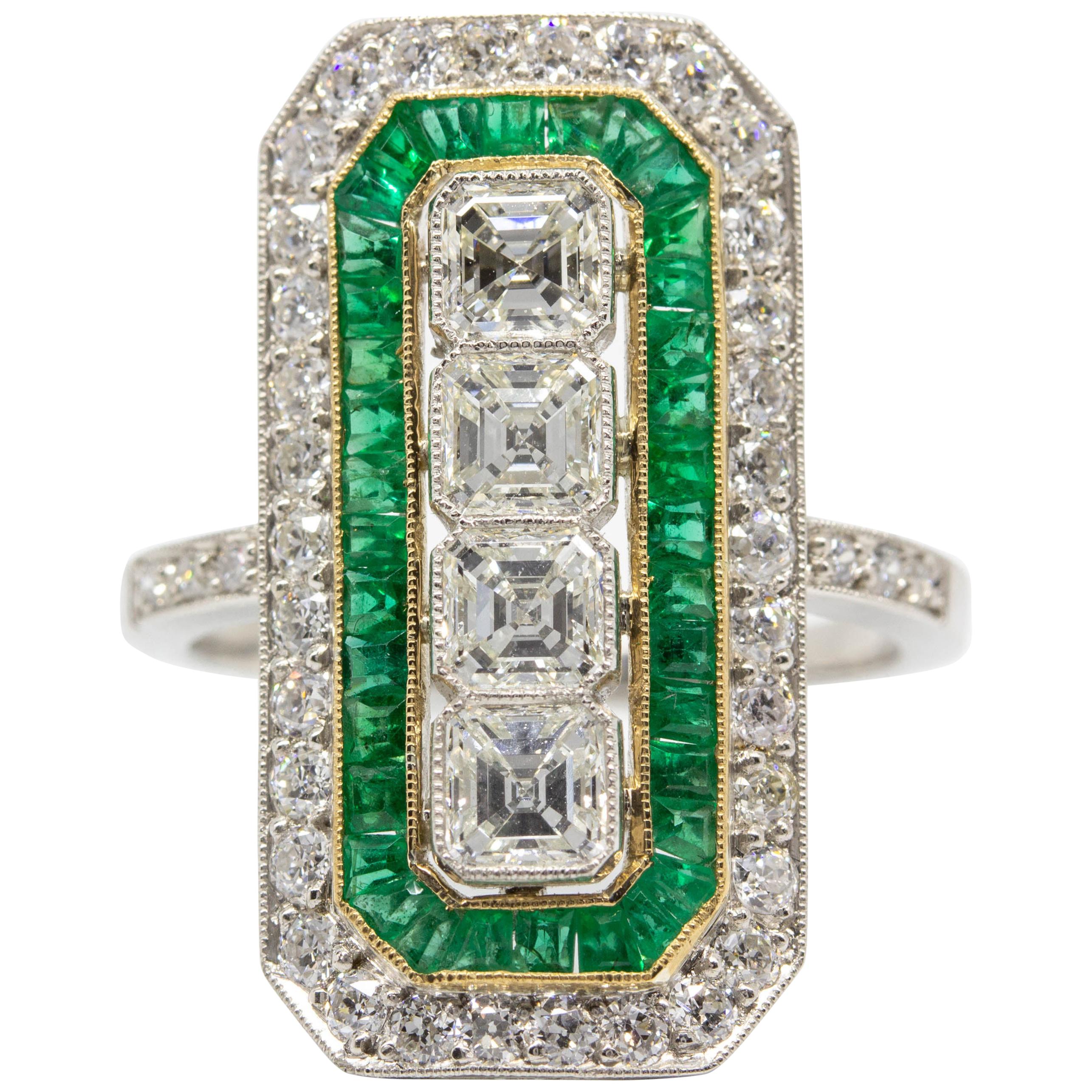 Art Deco Platinum Ascher Cut Diamond and Emerald Ring