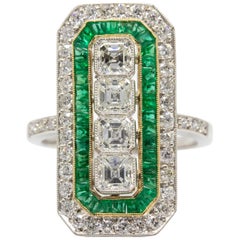 Art Deco Platinum Ascher Cut Diamond and Emerald Ring