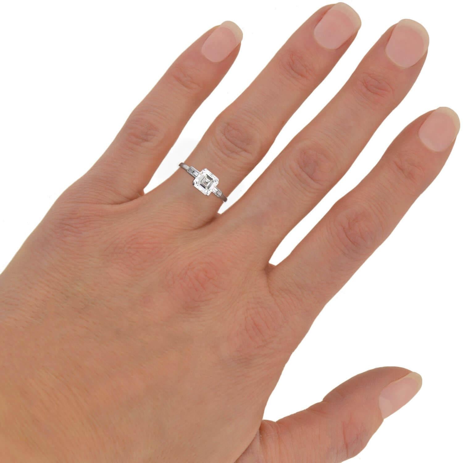 Art Deco Platinum Asscher Cut Diamond Engagement Ring 1.50ct For Sale 1