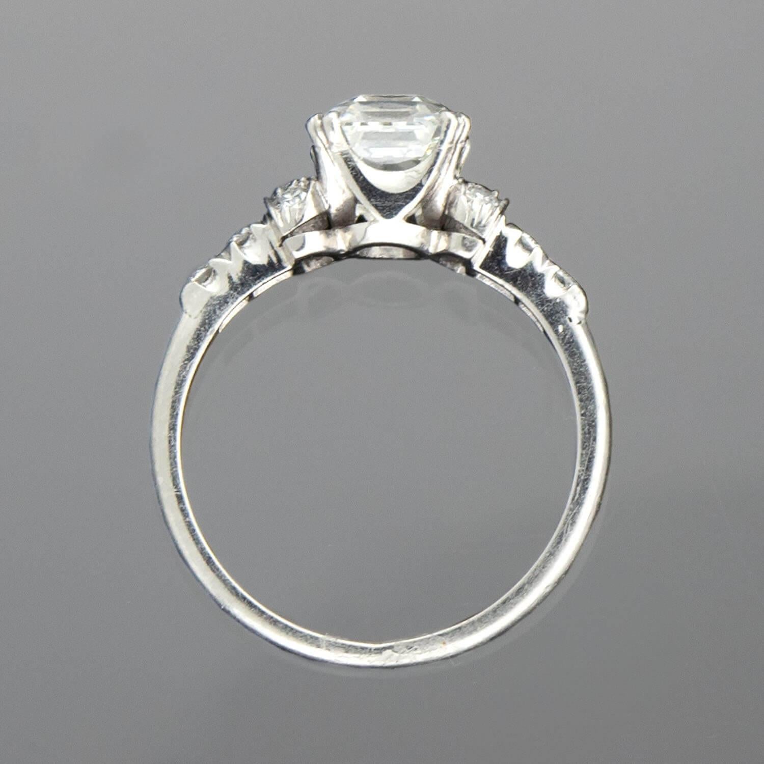 Art Deco Platinum Asscher Cut Diamond Engagement Ring 1.52ct In Good Condition In Narberth, PA