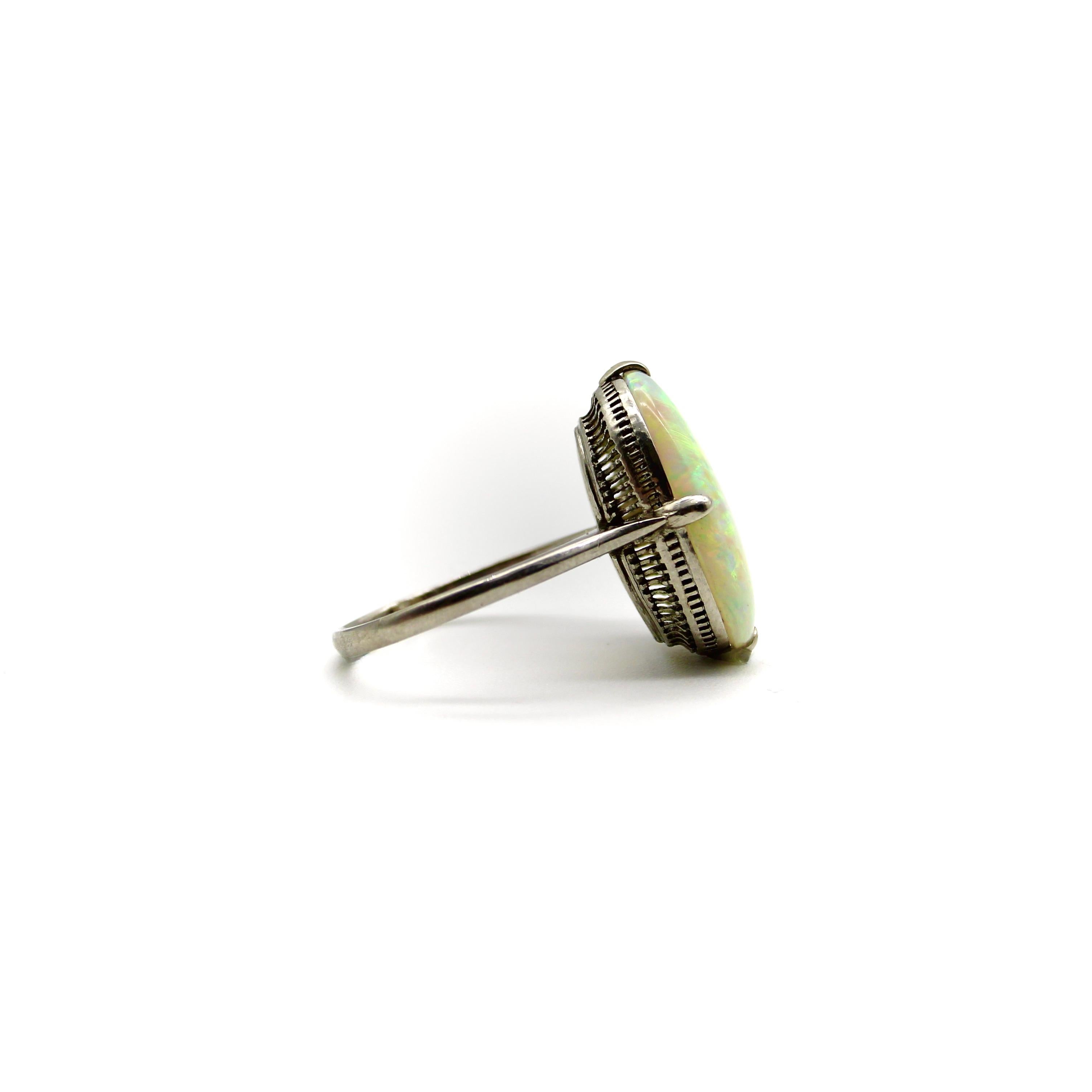 Art Deco Platinum Australian Opal Cabochon Ring  2