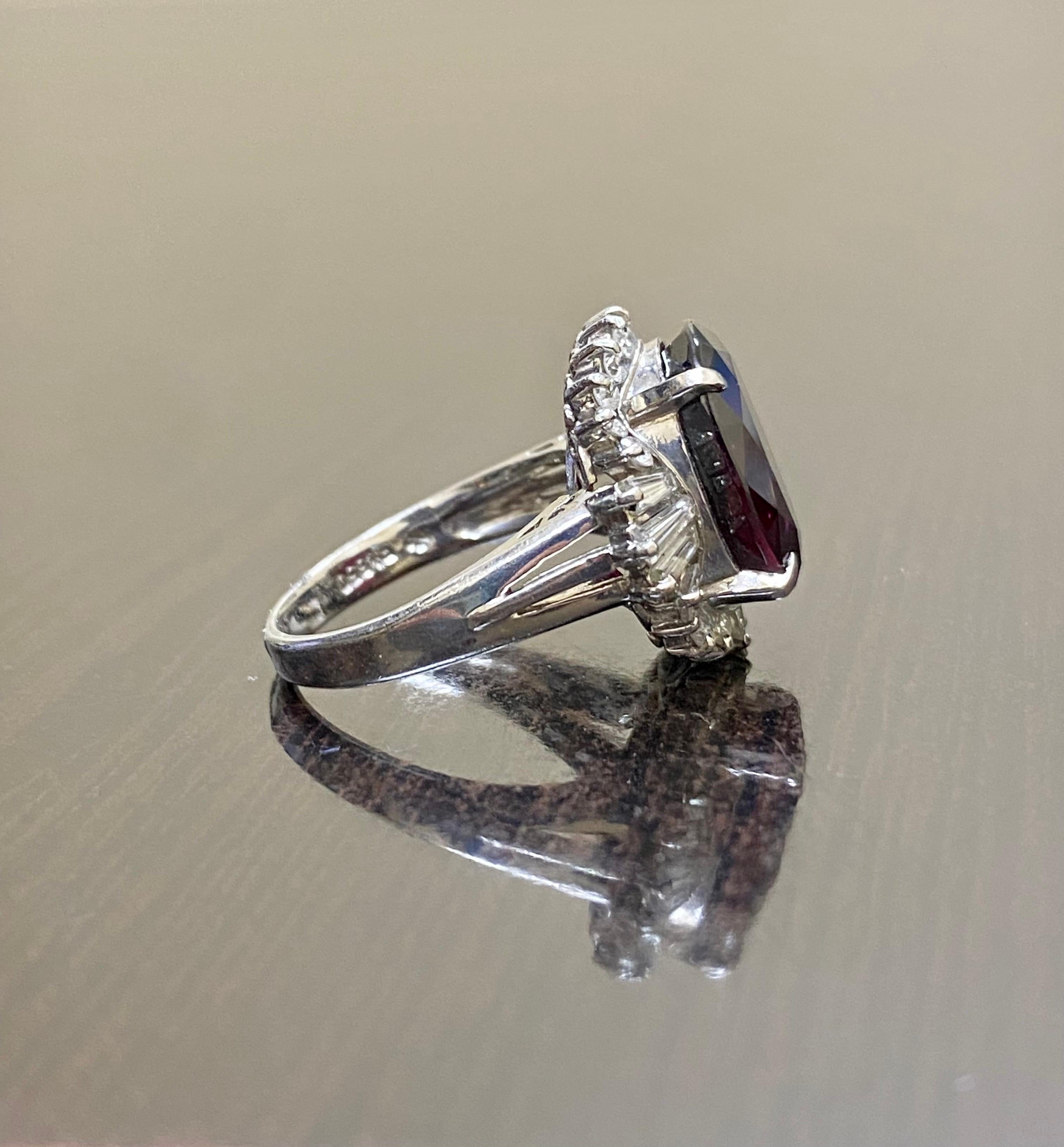 Art Deco Platinum Baguette Diamond 10.07 Rhodolite Garnet Engagement Ring In New Condition For Sale In Los Angeles, CA