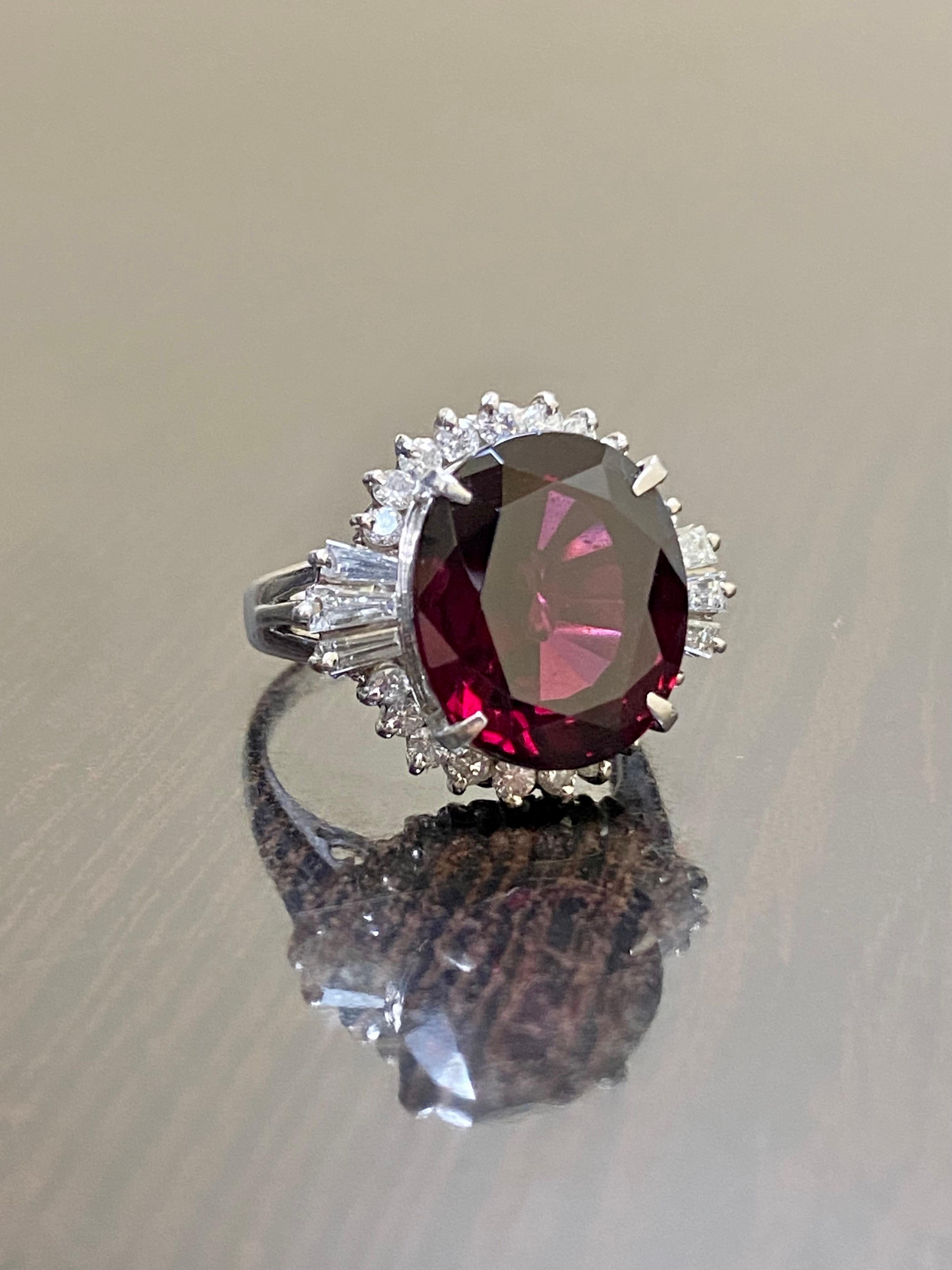 Art Deco Platinum Baguette Diamond 10.07 Rhodolite Garnet Engagement Ring For Sale 2