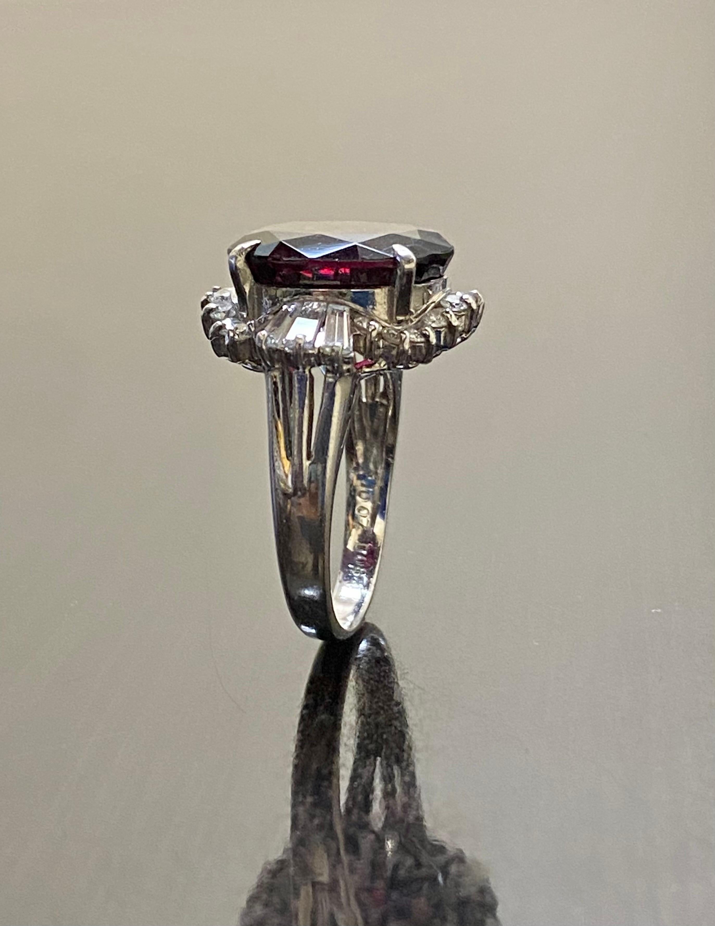 Art Deco Platinum Baguette Diamond 10.07 Rhodolite Garnet Engagement Ring For Sale 3