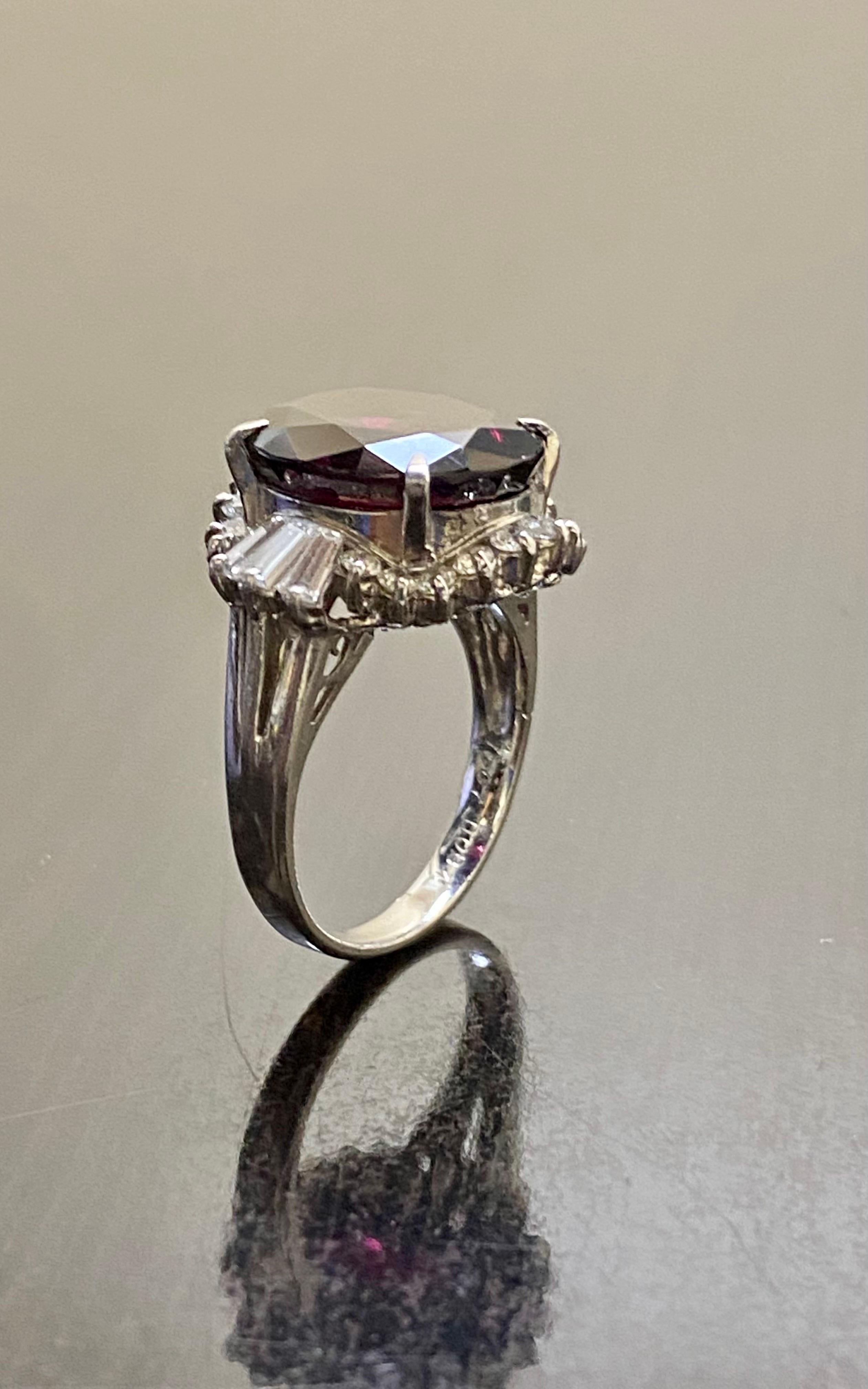 Art Deco Platinum Baguette Diamond 10.07 Rhodolite Garnet Engagement Ring For Sale 4
