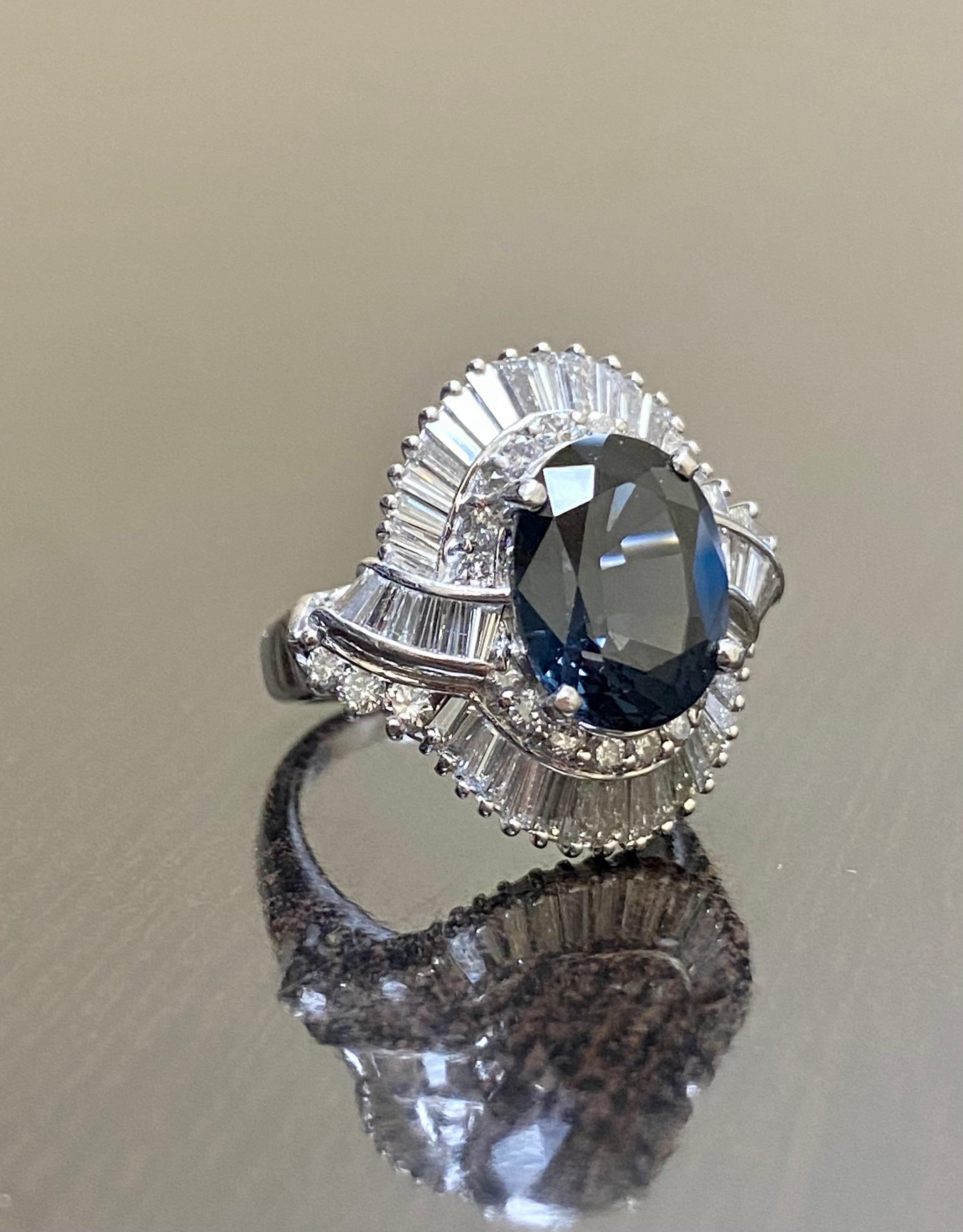 Art Deco Platinum Baguette Diamond 5 Carat Oval Blue Spinel Engagement Ring For Sale 5