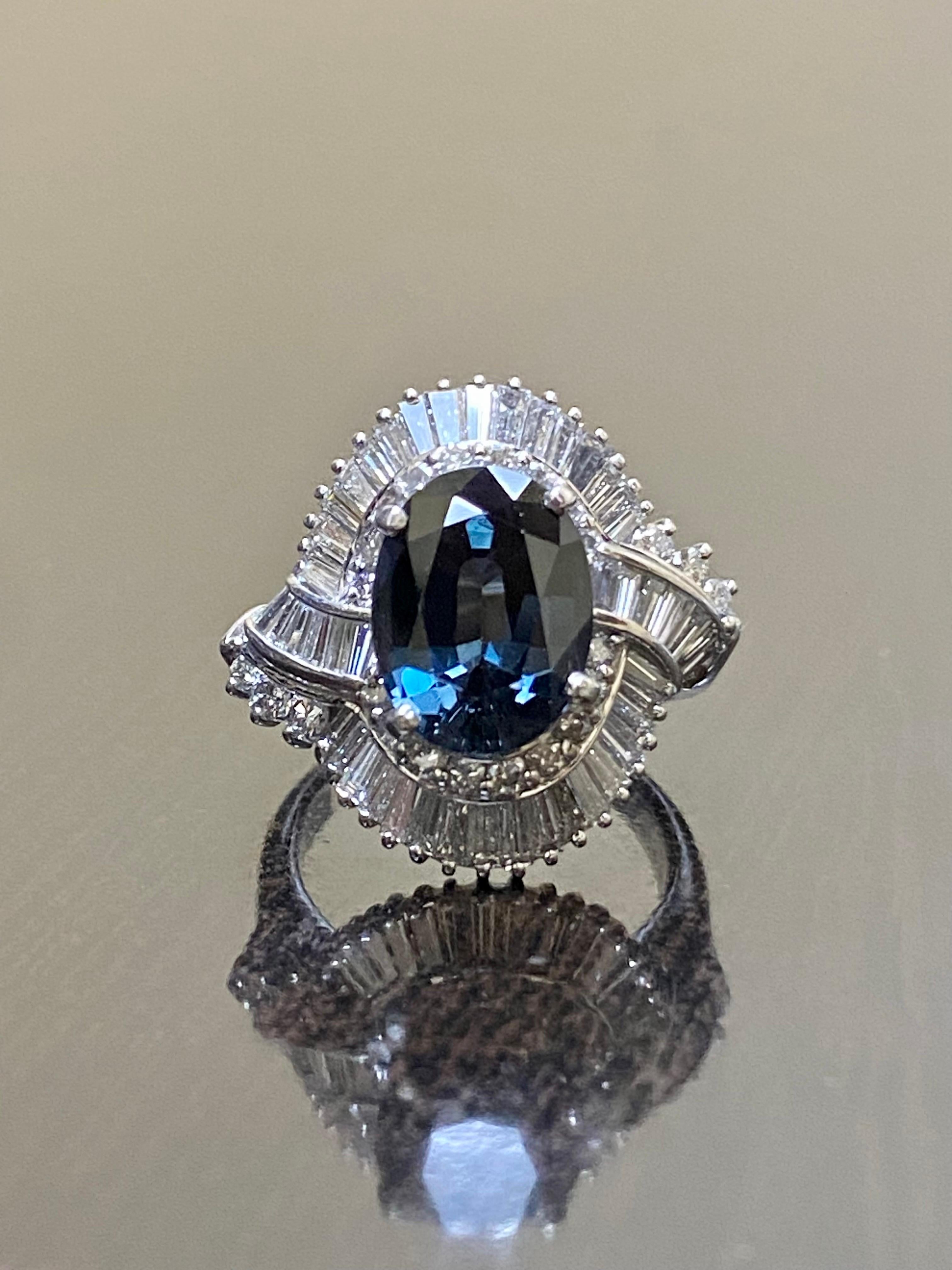 Art Deco Platinum Baguette Diamond 5 Carat Oval Blue Spinel Engagement Ring For Sale 6