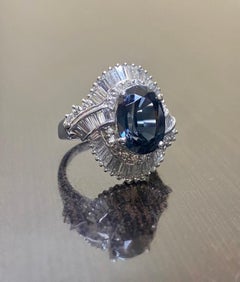 Art Deco Platinum Baguette Diamond 5 Carat Oval Blue Spinel Engagement Ring