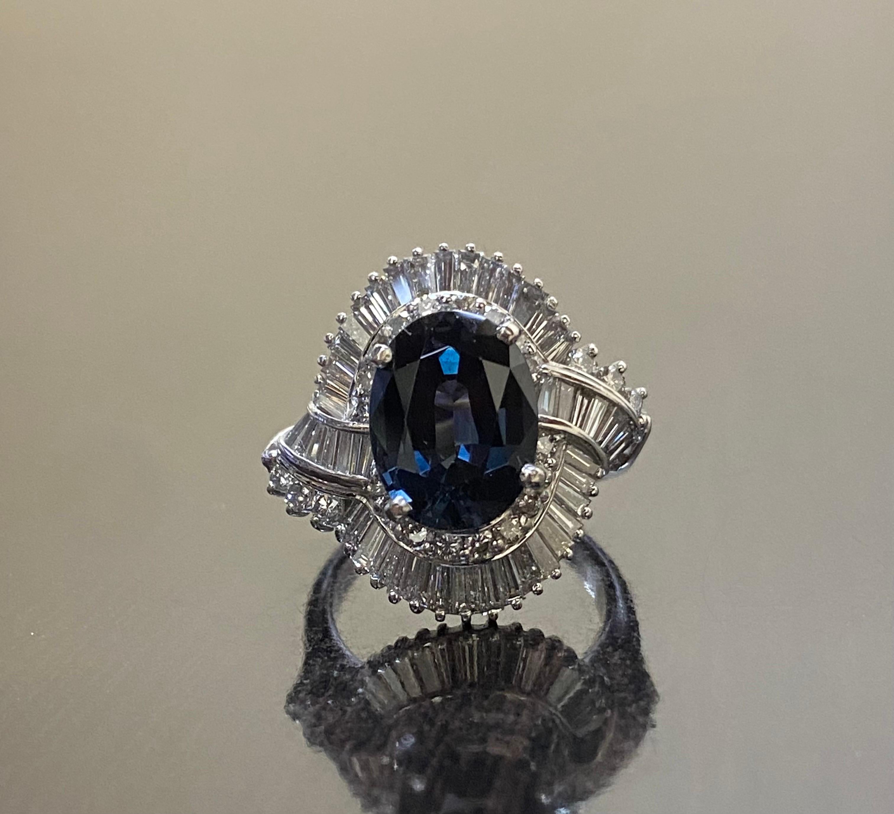 Oval Cut Art Deco Platinum Baguette Diamond 5 Carat Oval Blue Spinel Engagement Ring For Sale