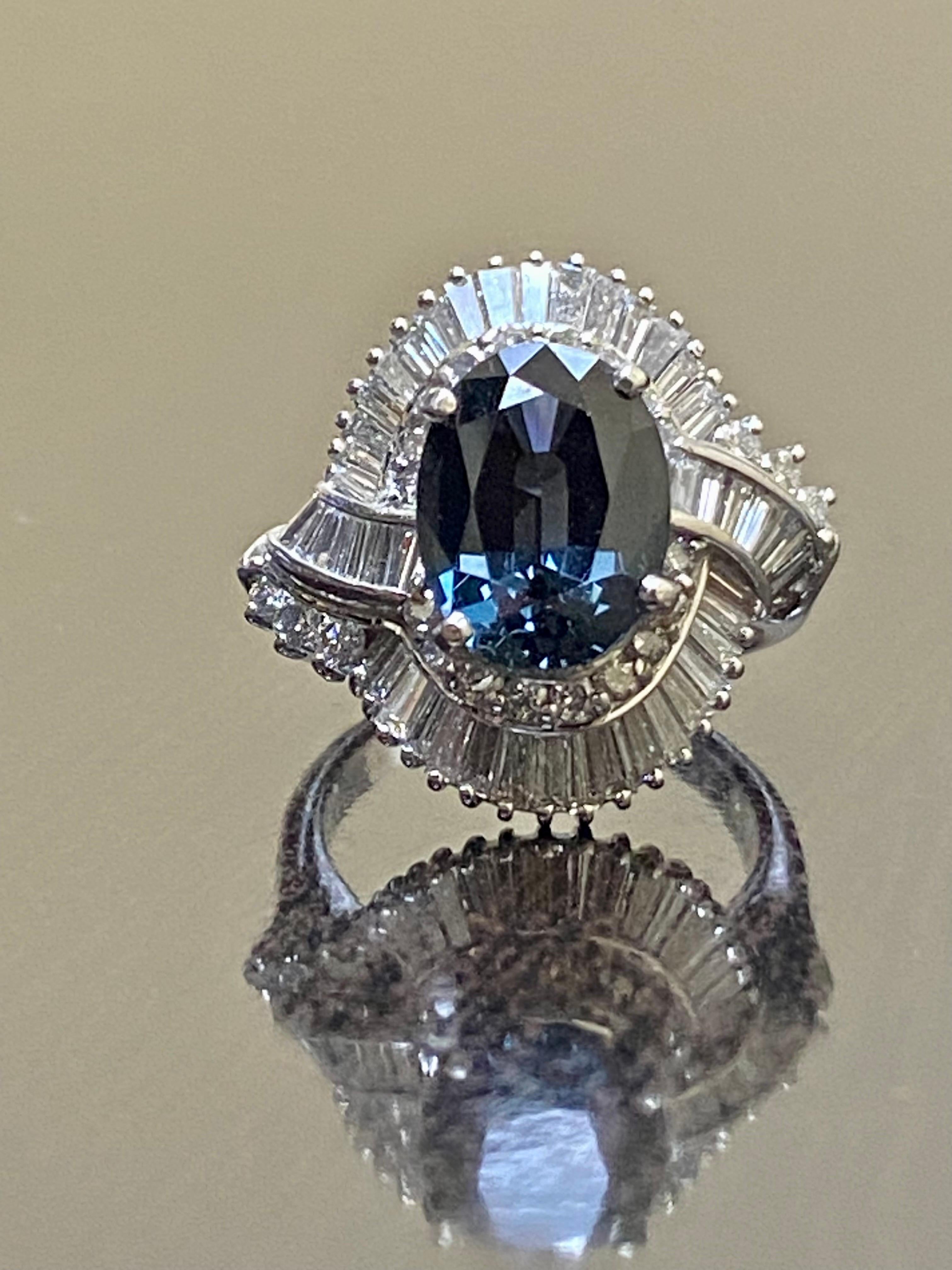 Art Deco Platinum Baguette Diamond 5 Carat Oval Blue Spinel Engagement Ring In New Condition For Sale In Los Angeles, CA