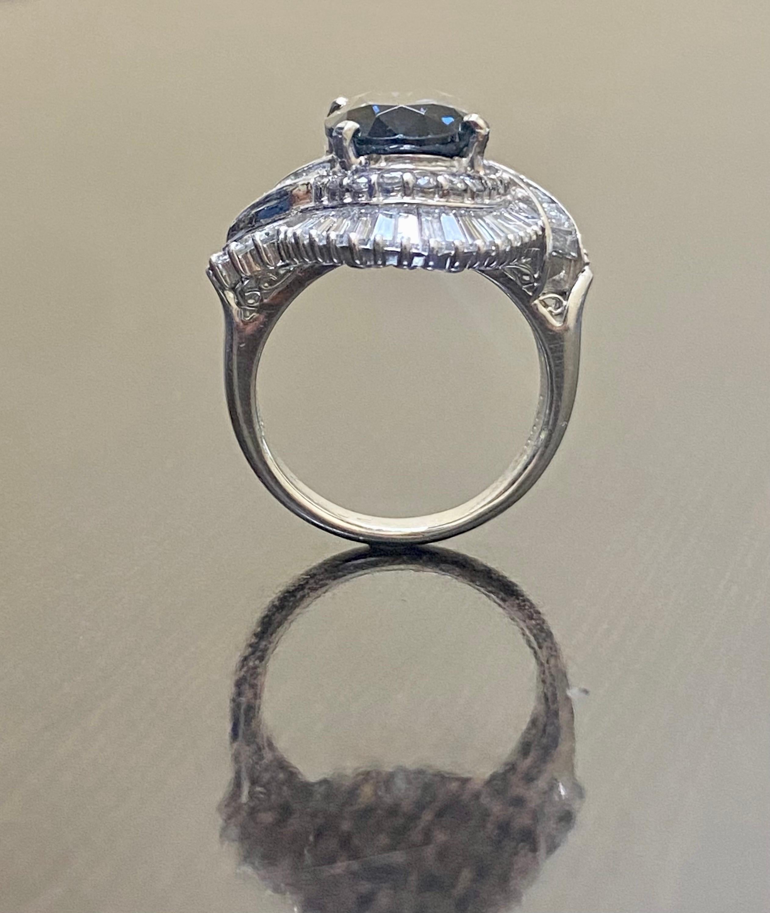 Art Deco Platinum Baguette Diamond 5 Carat Oval Blue Spinel Engagement Ring For Sale 1