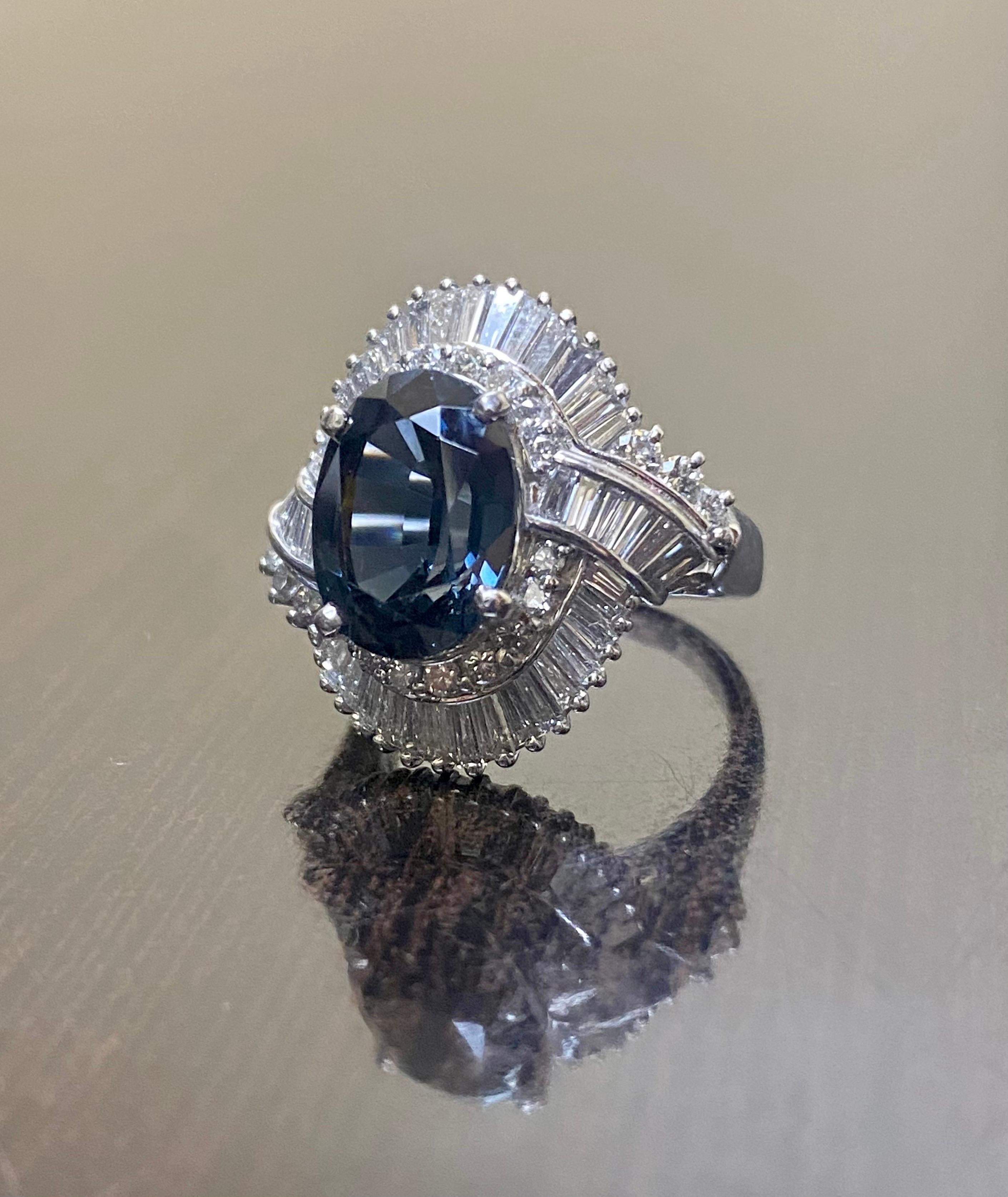 Art Deco Platinum Baguette Diamond 5 Carat Oval Blue Spinel Engagement Ring For Sale 2