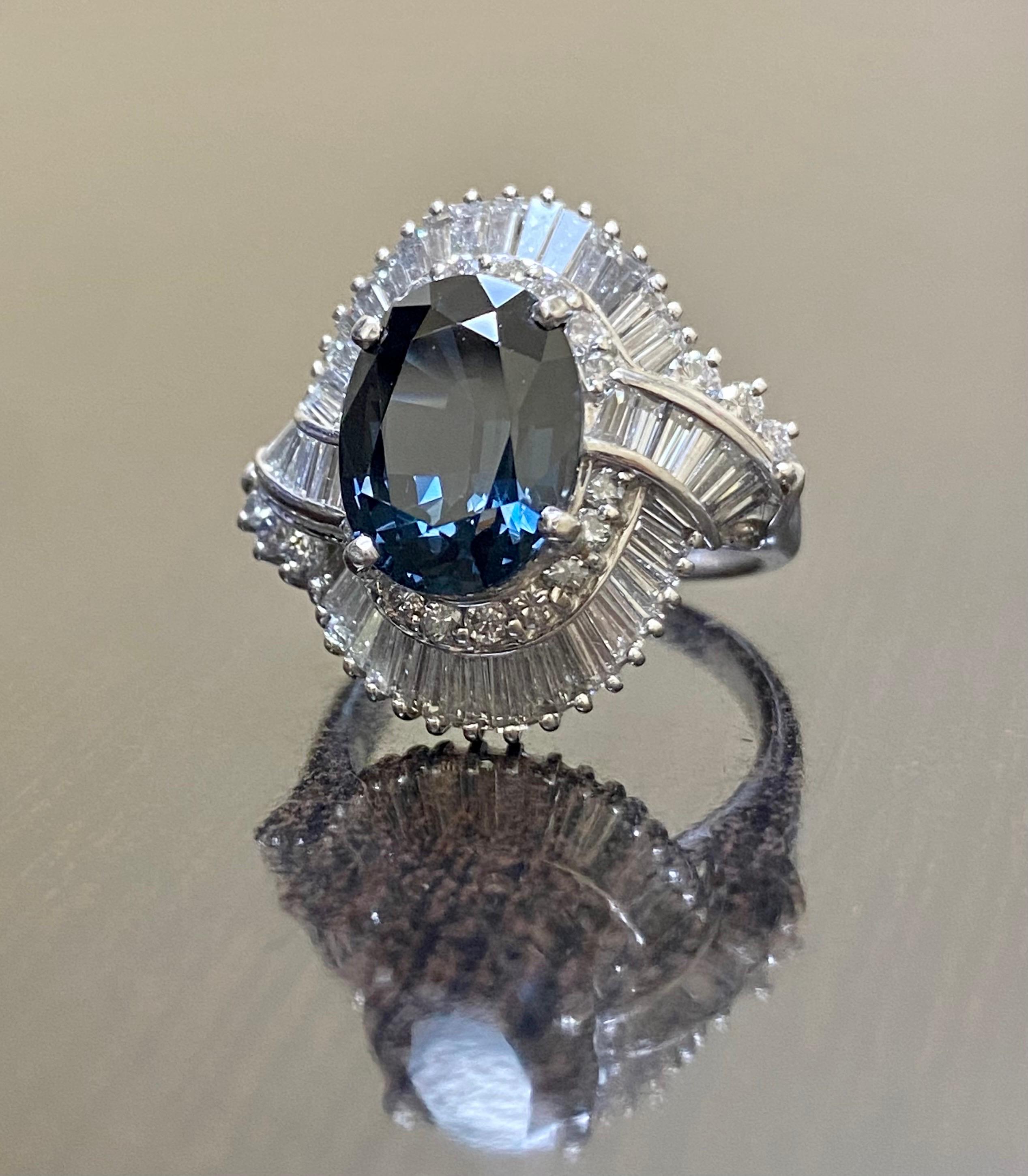 Art Deco Platinum Baguette Diamond 5 Carat Oval Blue Spinel Engagement Ring For Sale 3