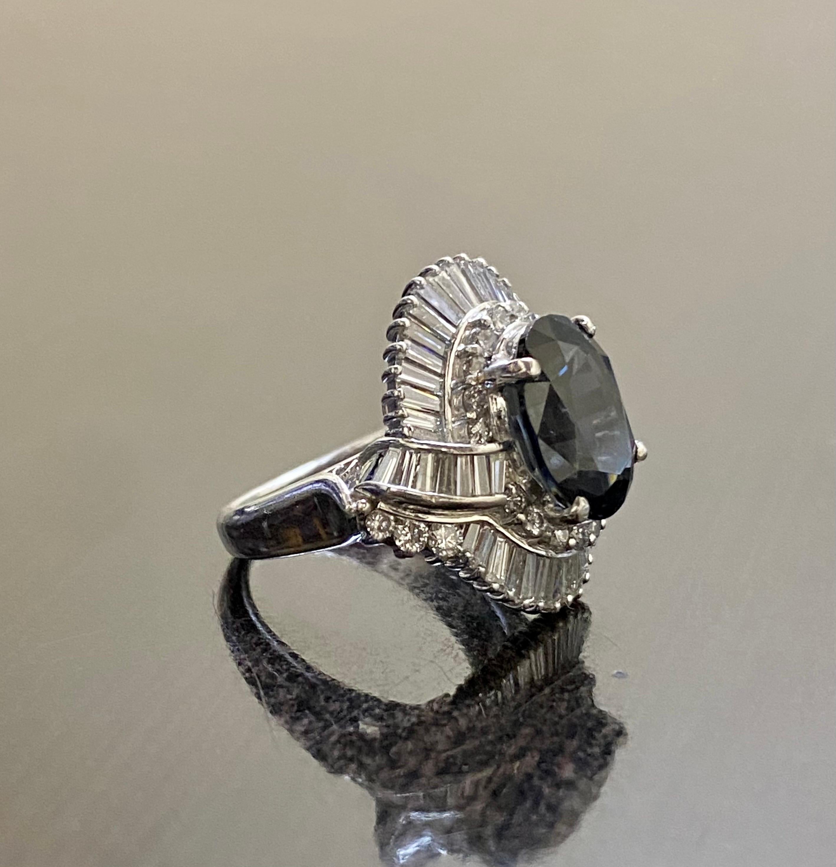 Art Deco Platinum Baguette Diamond 5 Carat Oval Blue Spinel Engagement Ring For Sale 4