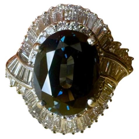 Art Deco Platinum Baguette Diamond 5 Carat Oval Blue Spinel Engagement Ring