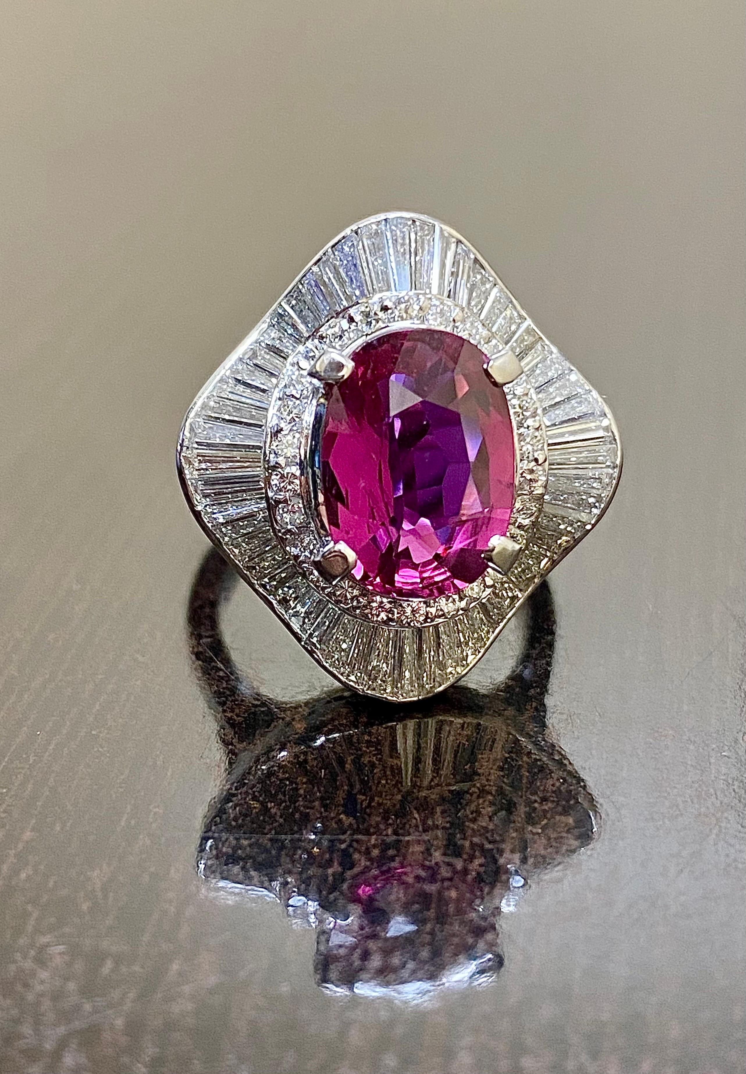 Art Deco Platinum Ballerina Diamond GIA Certified 3.54 Carat Oval Ruby Ring For Sale 2