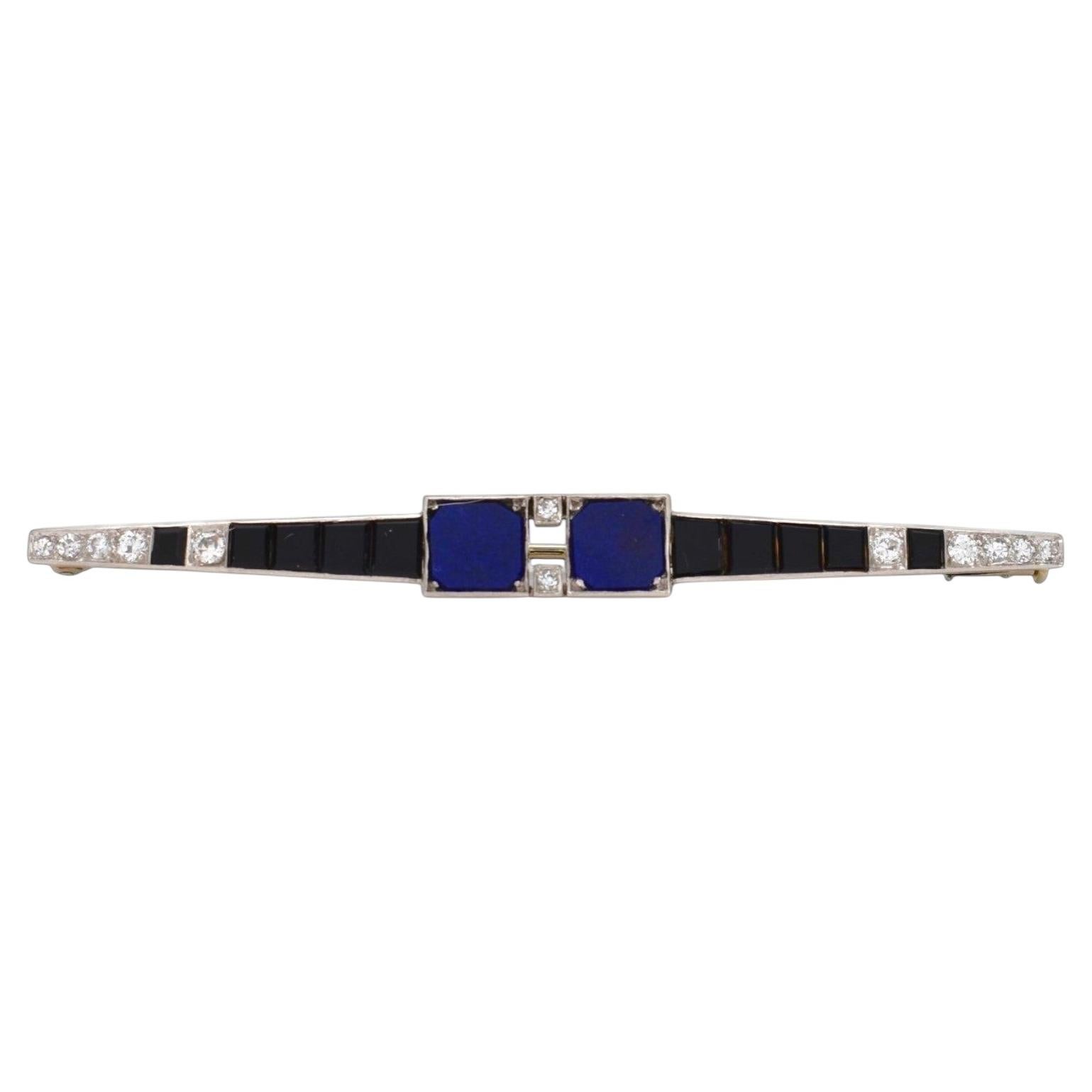 Art Deco Platinum Bar Brooch - Lapis Lazuli, Onyx & Diamonds - Circa 1920