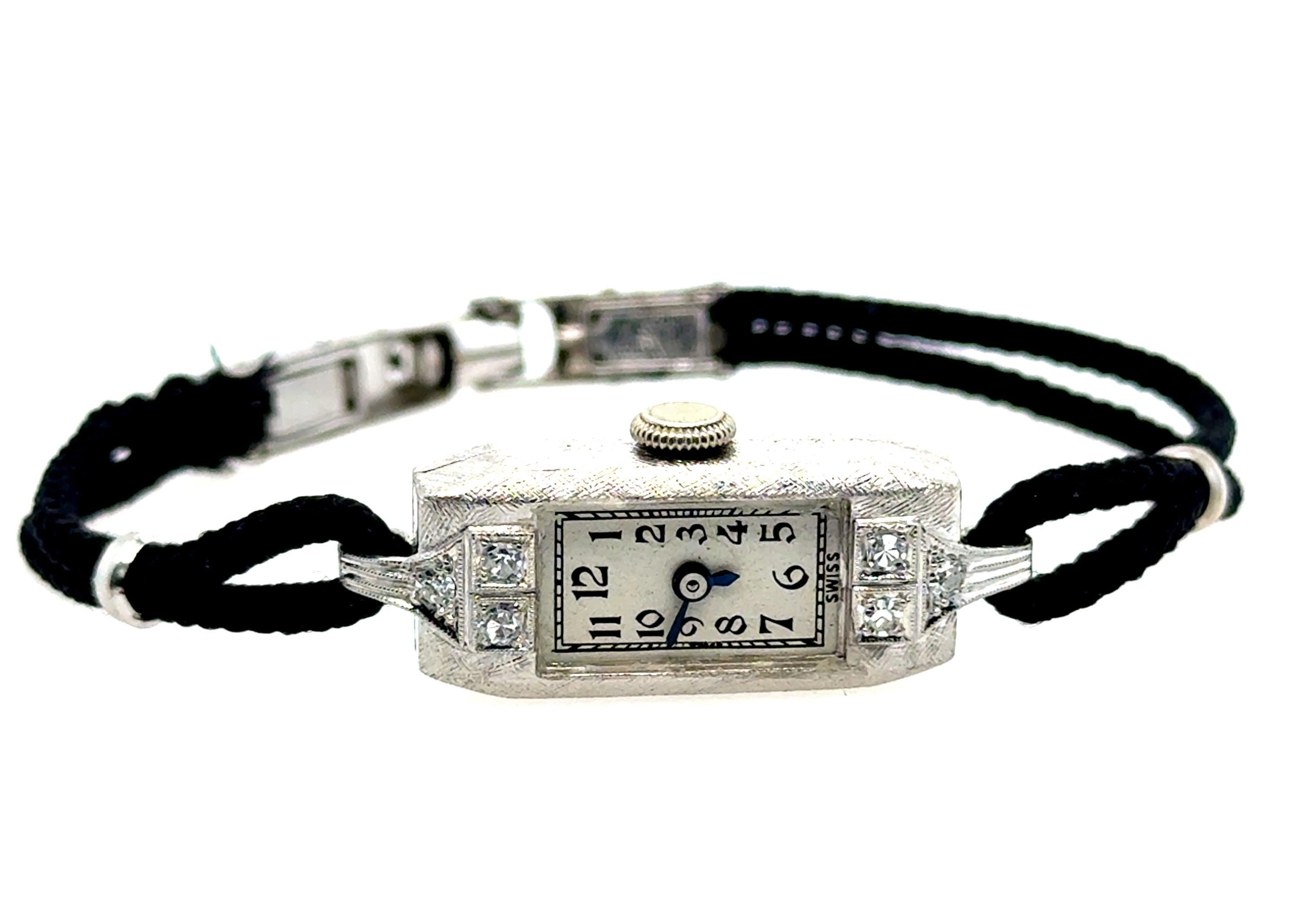 Art Deco Platinum Benrus Ladies Wrist Watch Mined Diamond Original 1930's In Excellent Condition In Dearborn, MI