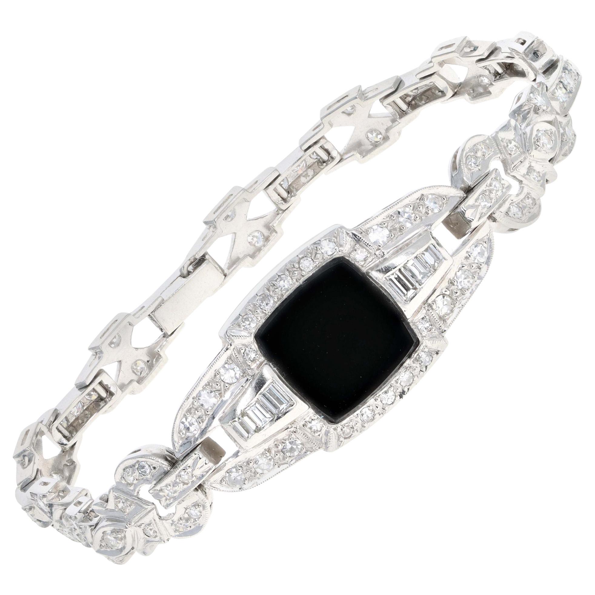 Art Deco Platinum Black Onyx and Diamond Watch Conversion Bracelet