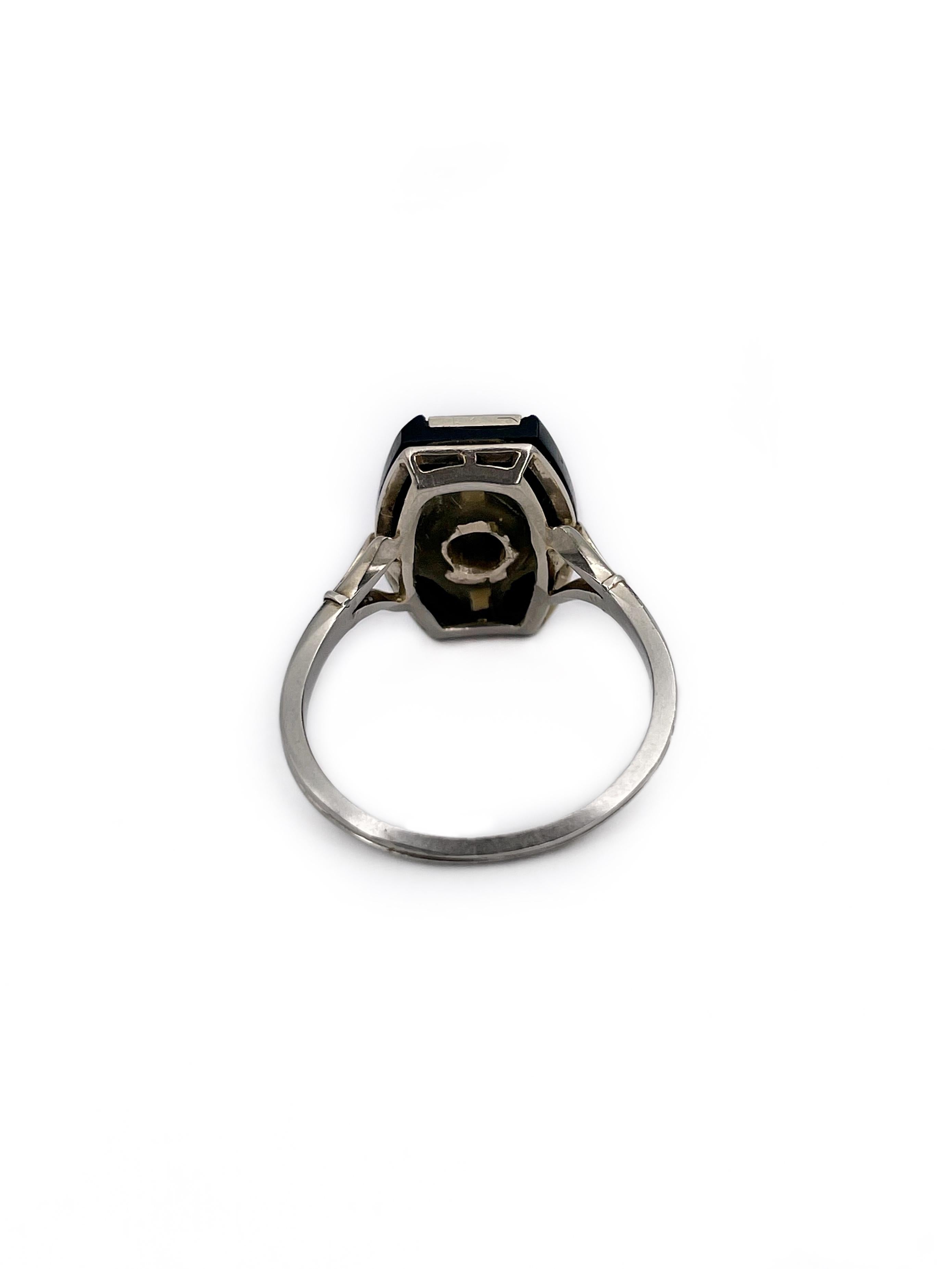 Old European Cut Art Deco 18 Karat Gold Black Onyx Old Cut Diamond Rectangle Ring