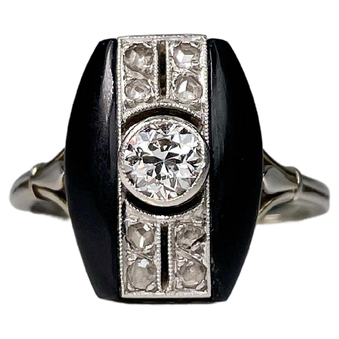 Art Deco 18 Karat Gold Black Onyx Old Cut Diamond Rectangle Ring