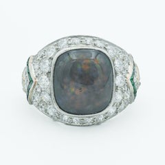 Art Deco Platinum Black Opal, Diamond and Emerald Cocktail Ring