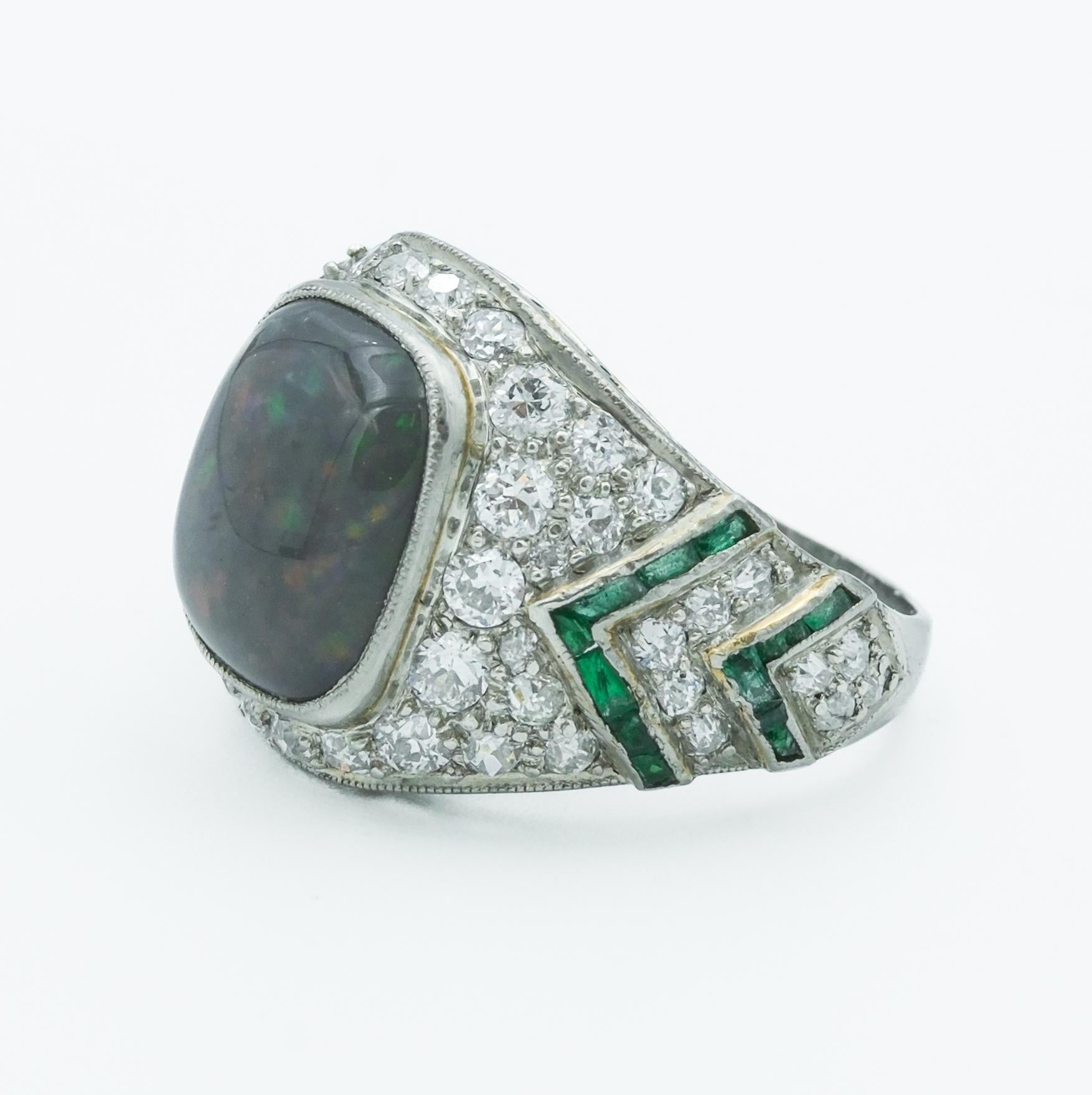 Cabochon Art Deco Platinum Black Opal, Diamond and Emerald Cocktail Ring For Sale