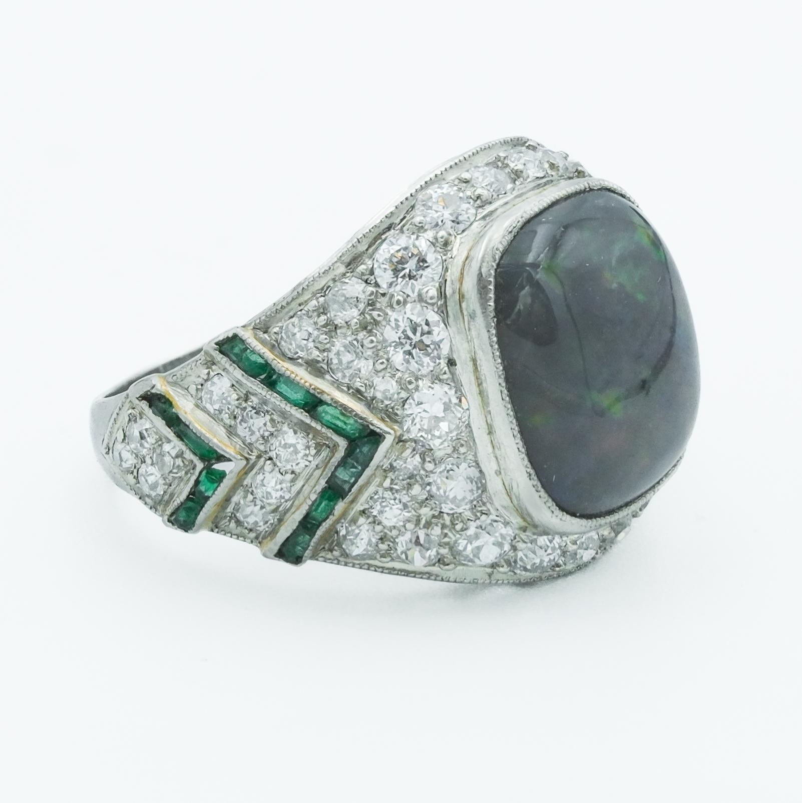 Women's Art Deco Platinum Black Opal, Diamond and Emerald Cocktail Ring For Sale
