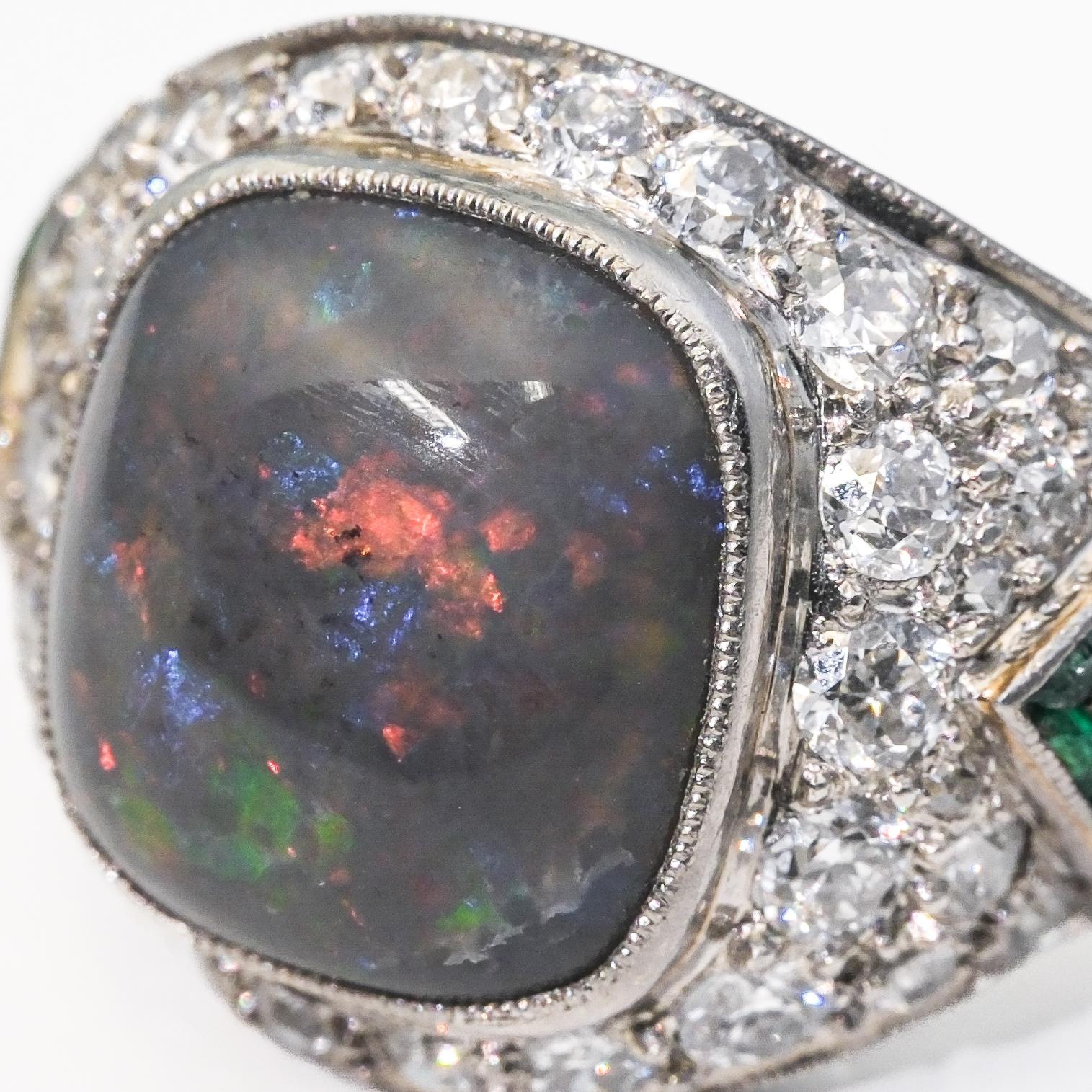 Art Deco Platinum Black Opal, Diamond and Emerald Cocktail Ring For Sale 1
