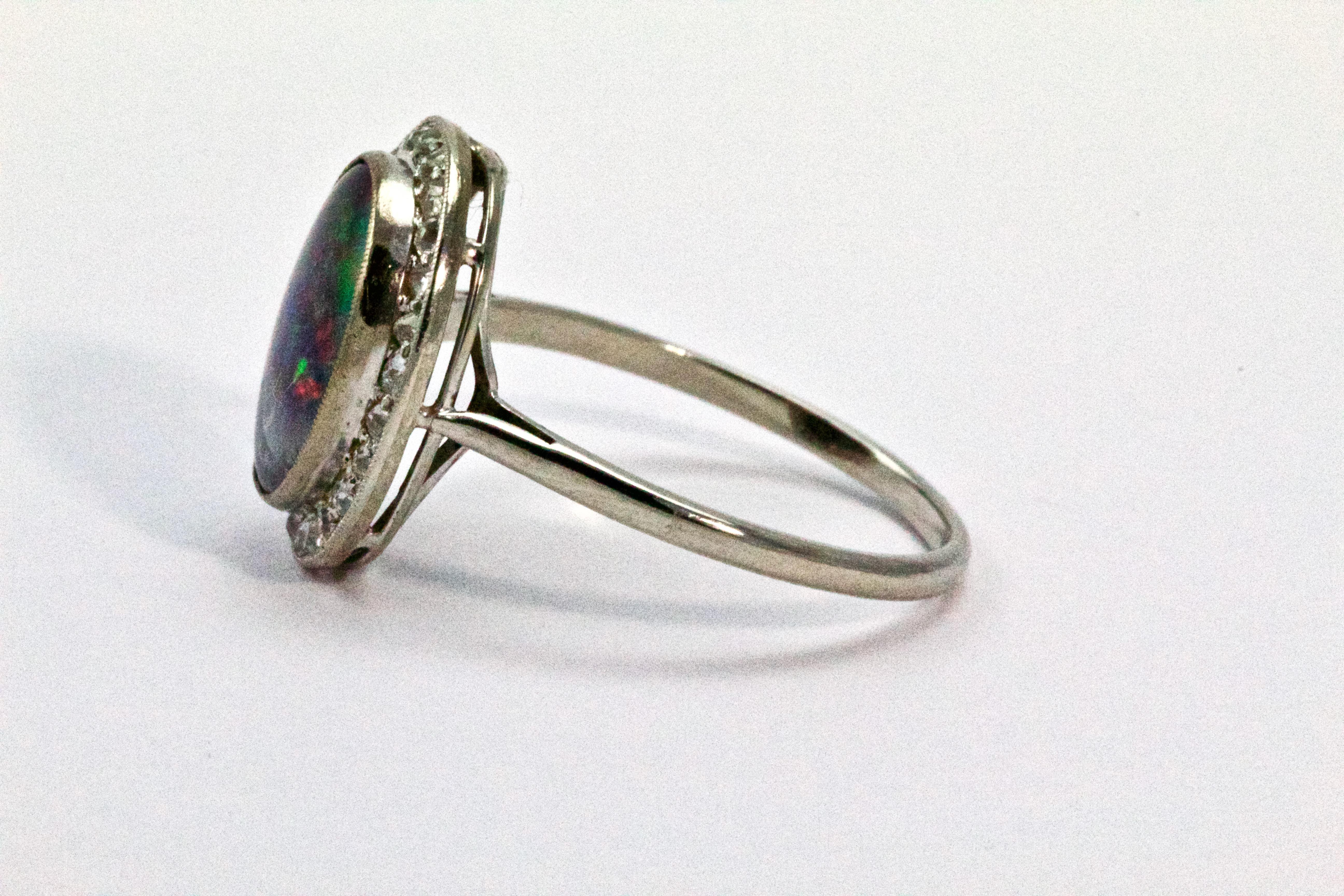 Art Deco Platinum Black Opal Diamond Halo Cluster Ring In Excellent Condition In Chipping Campden, GB