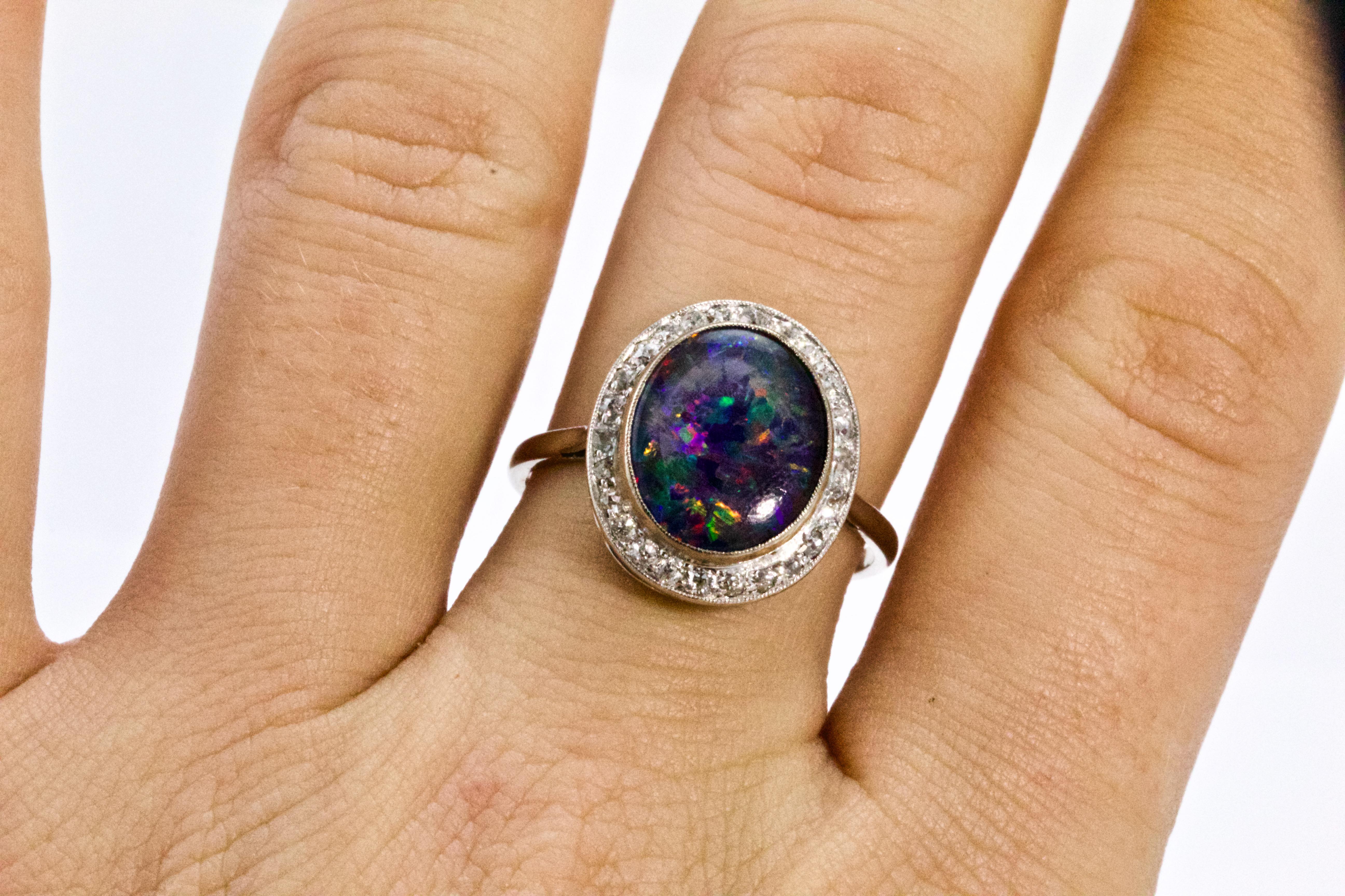 Art Deco Platinum Black Opal Diamond Halo Cluster Ring 1