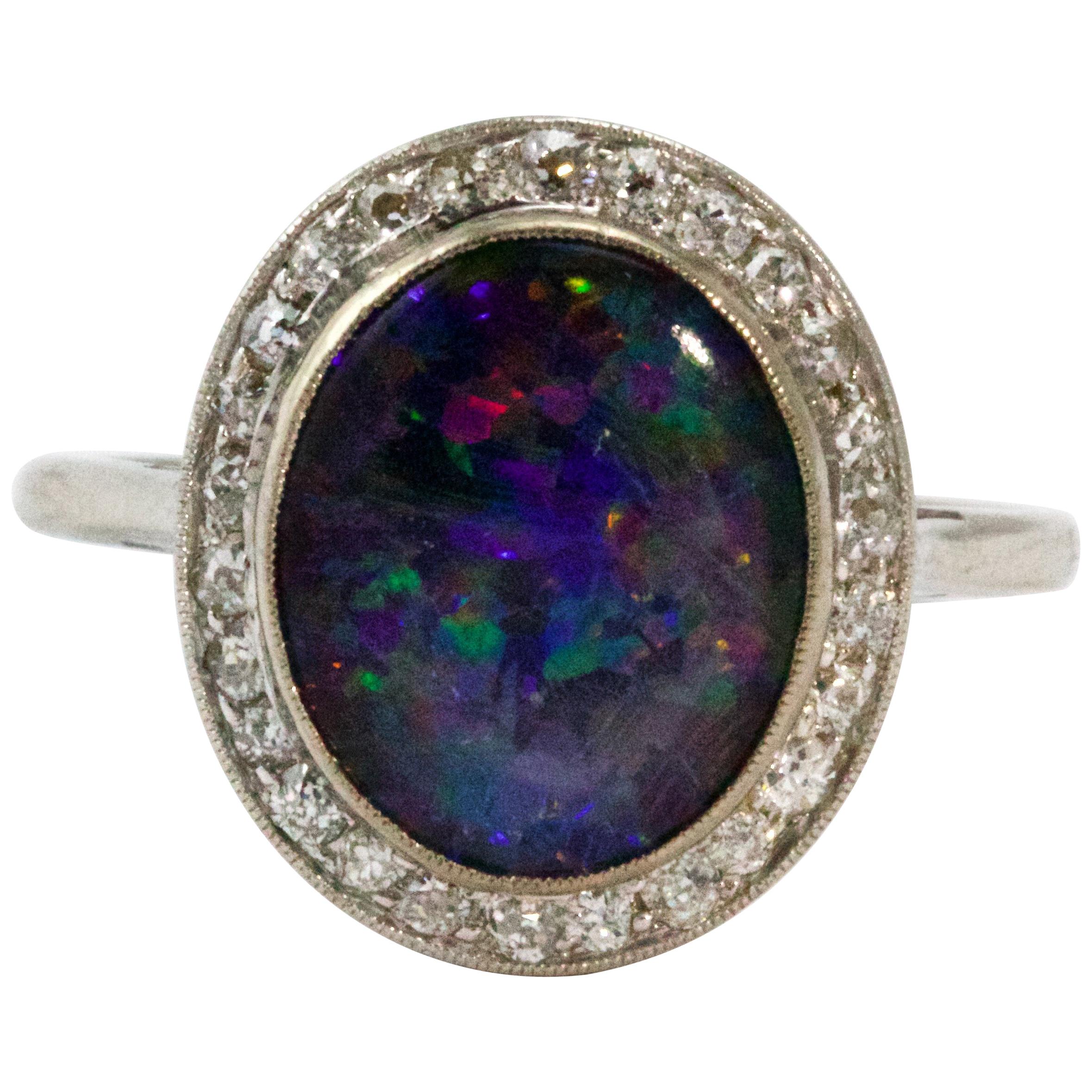 Art Deco Platinum Black Opal Diamond Halo Cluster Ring