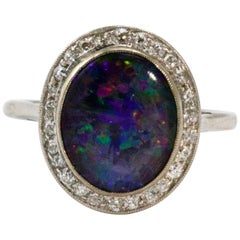 Antique Art Deco Platinum Black Opal Diamond Halo Cluster Ring