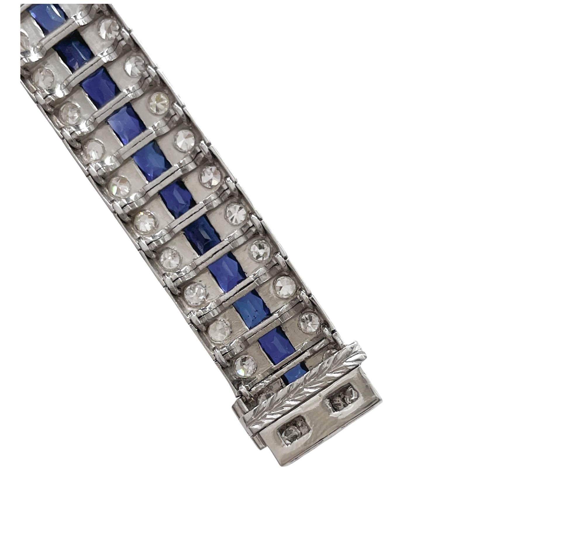 Art Deco Platinum Blue Sapphire and Diamond Bracelet For Sale 4
