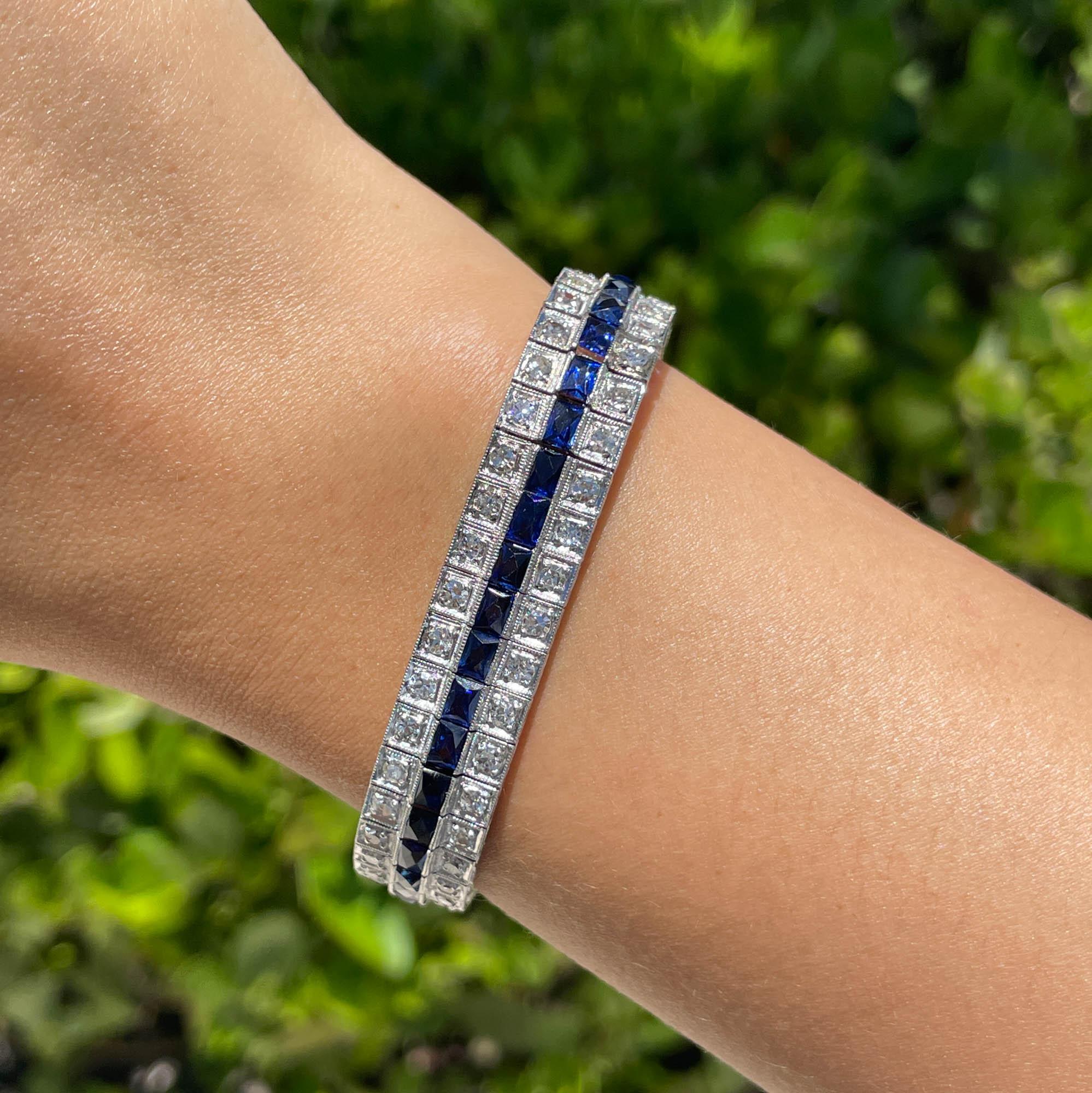 Jay Feder Art Deco Platinum Blue Sapphire and Diamond Bracelet
There are 42 Blue Sapphires; estimated total weight is 8.4 carats. 
Set with 84 round diamonds; total carat weight is 4.2ct approx. 
The bracelet is  6.75 inches long and weighs 30.6