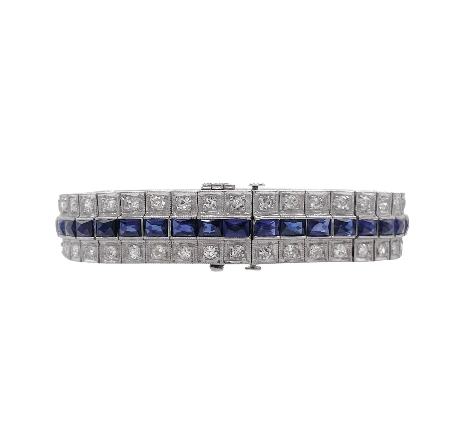 Women's Art Deco Platinum Blue Sapphire and Diamond Bracelet For Sale