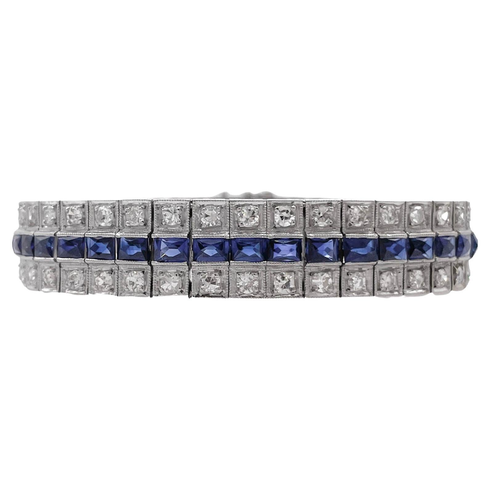 Art Deco Platinum Blue Sapphire and Diamond Bracelet For Sale 1