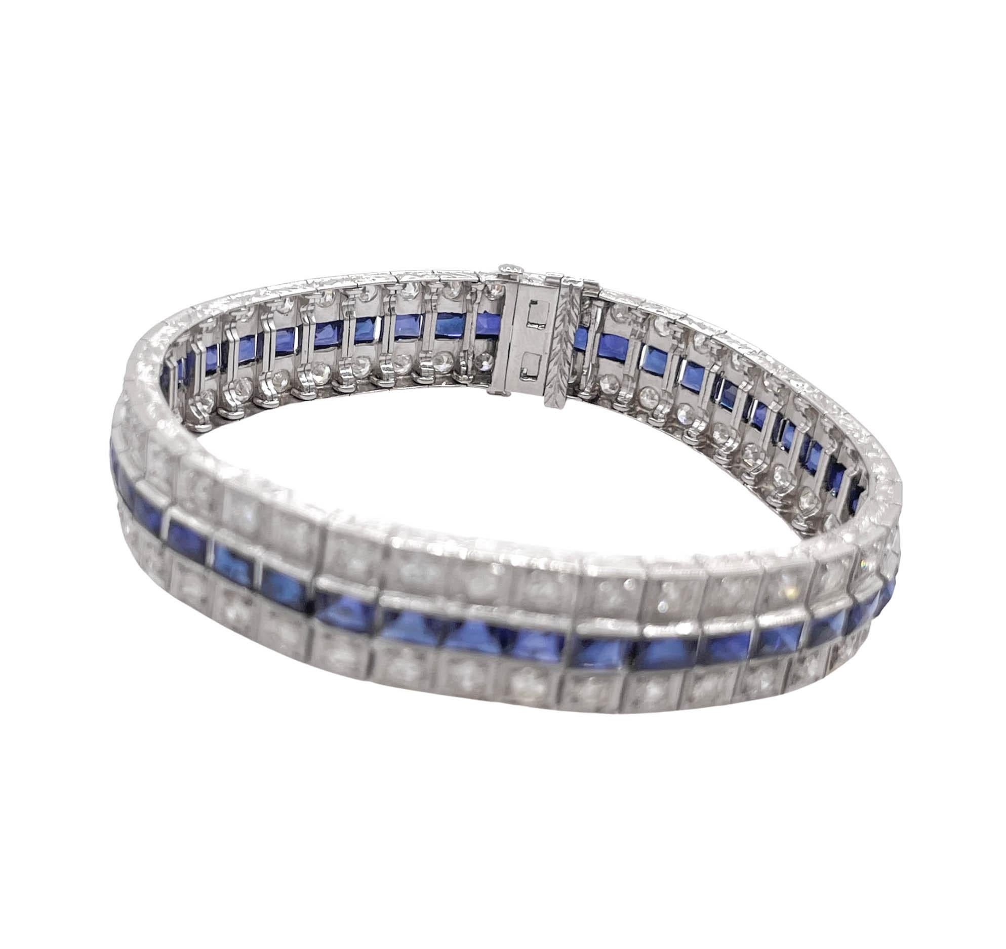 Art Deco Platinum Blue Sapphire and Diamond Bracelet For Sale 2