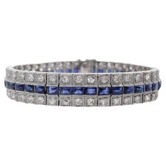 Bracelet Art déco en platine avec saphir bleu et diamants