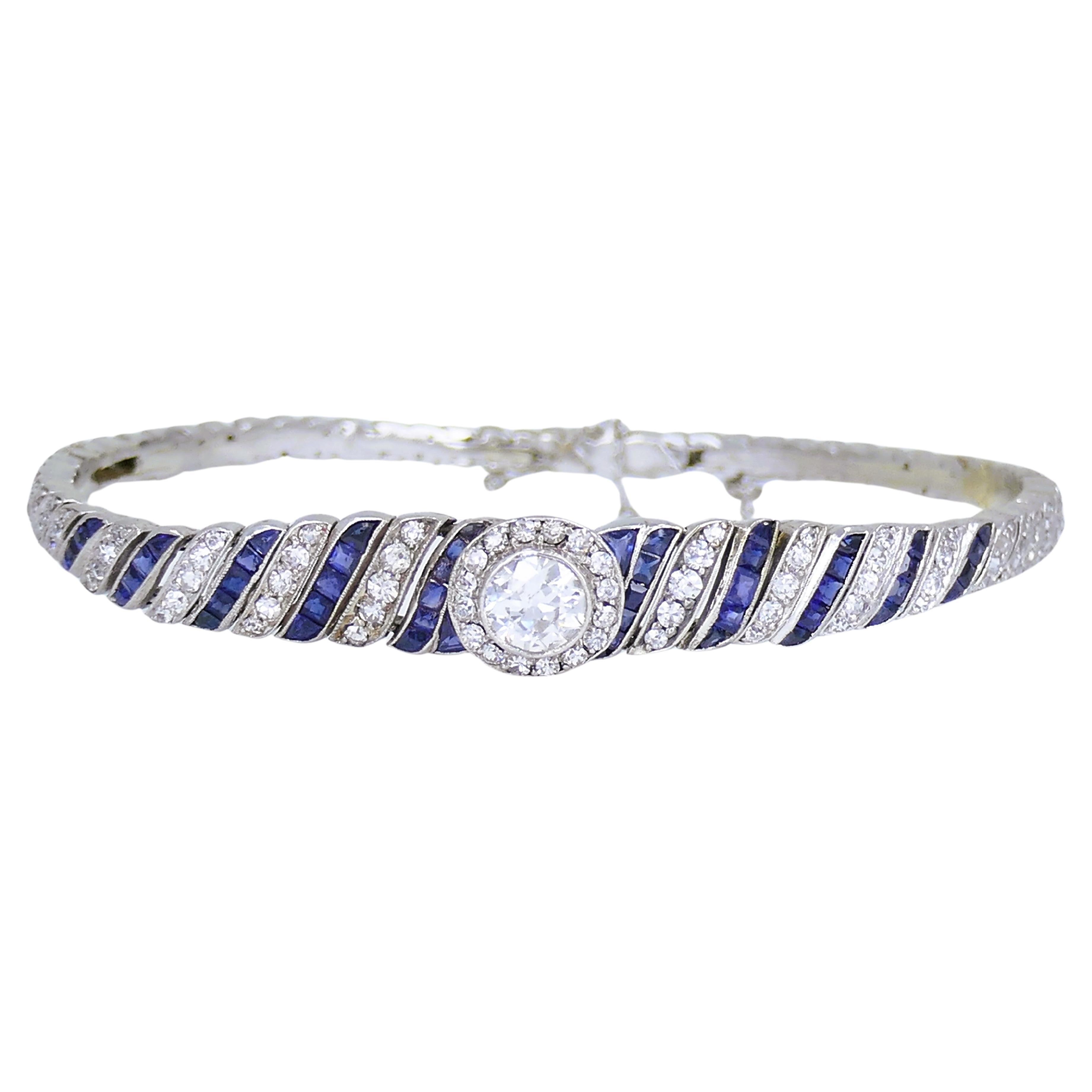 Art déco Art Deco Platinum Bracelet Old European Cut Diamond Sapphire Estate Jewelry en vente