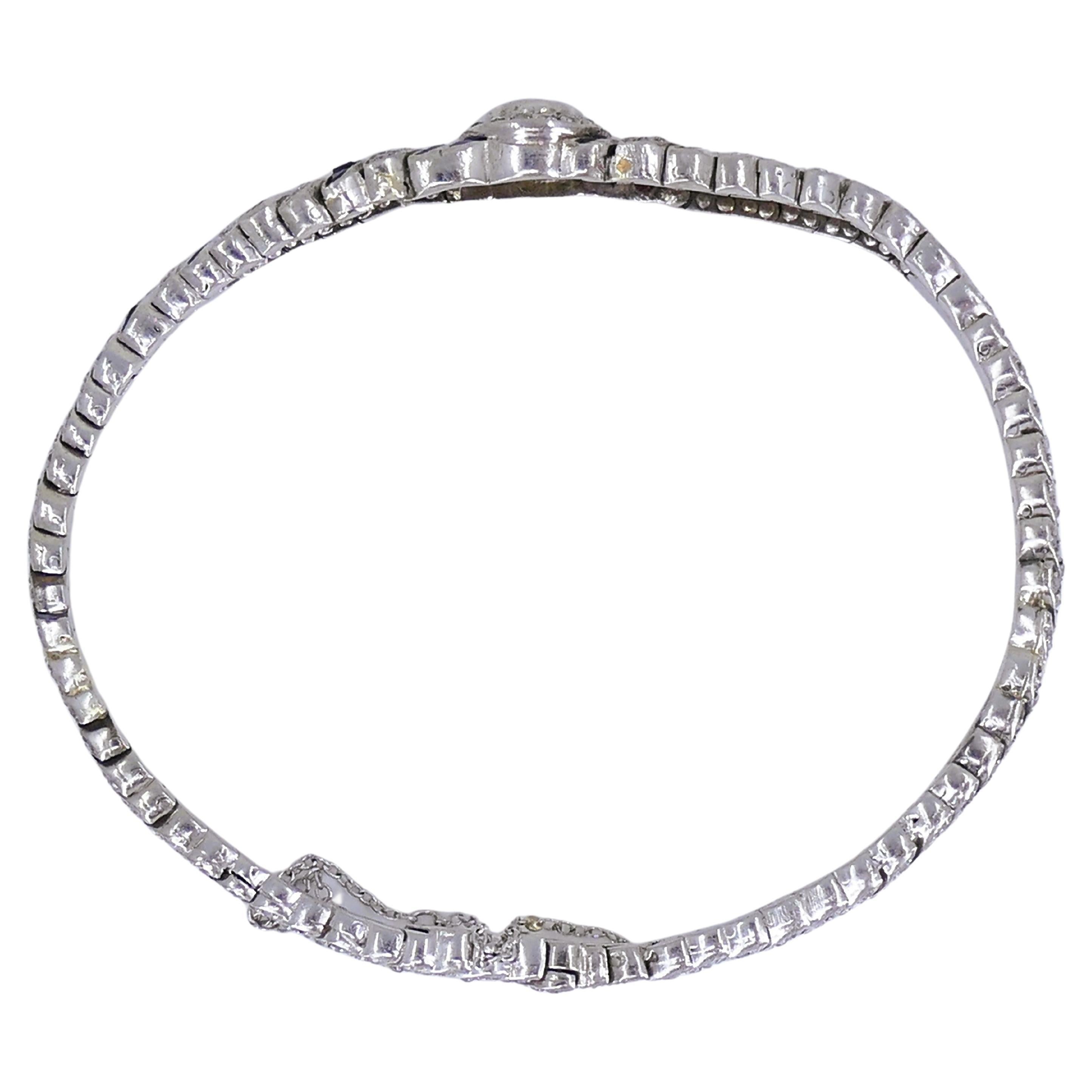 Taille mixte Art Deco Platinum Bracelet Old European Cut Diamond Sapphire Estate Jewelry en vente
