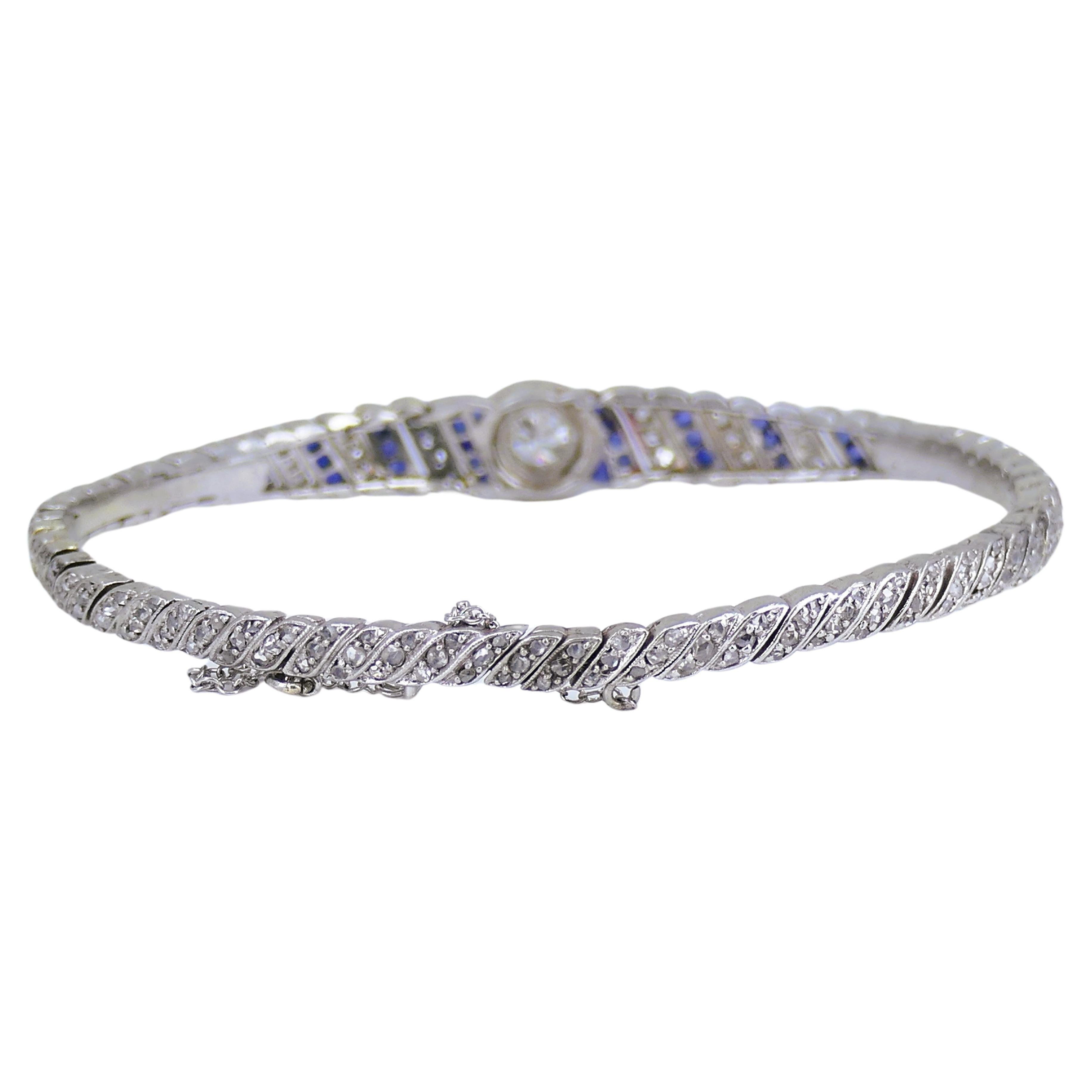 Art Deco Platinum Bracelet Old European Cut Diamond Sapphire Estate Jewelry Bon état - En vente à Beverly Hills, CA