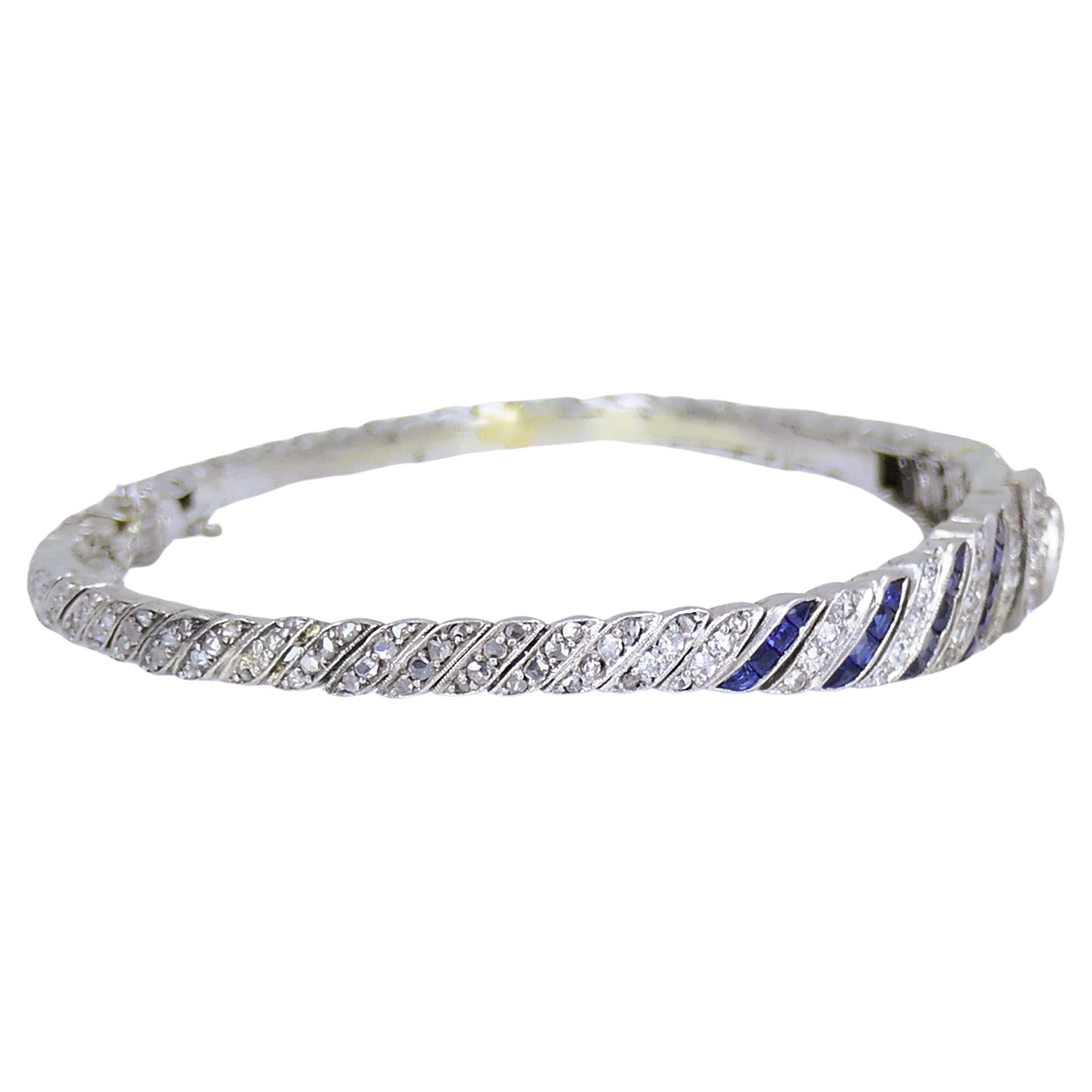 Art Deco Platinum Bracelet Old European Cut Diamond Sapphire Estate Jewelry Pour femmes en vente